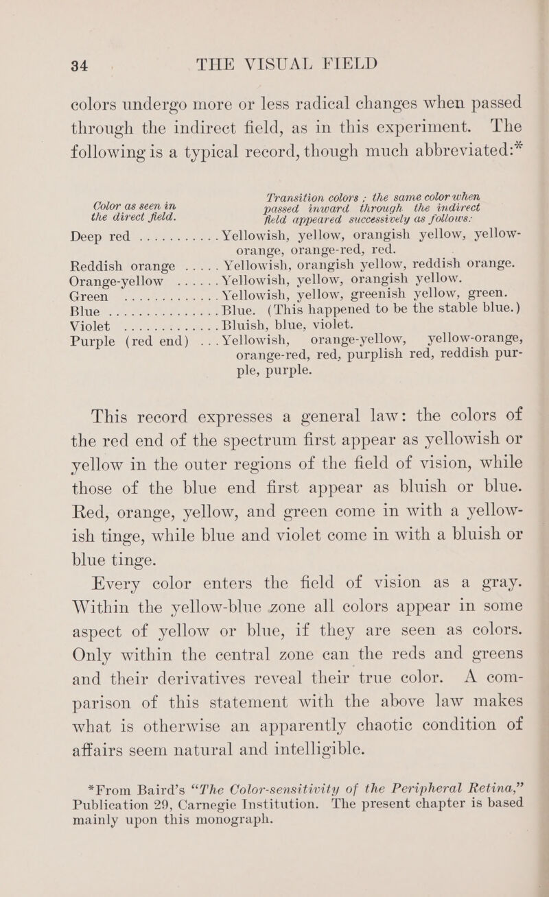 colors undergo more or less radical changes when passed through the indirect field, as in this experiment. The following is a typical record, though much abbreviated:* Transition colors ; the same color when ? 8 a ; ge the direct fel Sen day one Deep: Ted yc ok Go a Yellowish, yellow, orangish yellow, yellow- orange, orange-red, red. . Reddish orange ..... Yellowish, orangish yellow, reddish orange. Orange-yellow ...... Yellowish, yellow, orangish yellow. Greene veac ts s e ae Yellowish, yellow, greenish yellow, green. Bie te ene oe. Sate Blue. (This happened to be the stable blue.) WiGleG sy ae Sees Bluish, blue, violet. Purple (red end) ... Yellowish, orange-yellow, yellow-orange, orange-red, red, purplish red, reddish pur- ple, purple. This record expresses a general law: the colors of the red end of the spectrum first appear as yellowish or yellow in the outer regions of the field of vision, while those of the blue end first appear as bluish or blue. Red, orange, yellow, and green come in with a yellow- ish tinge, while blue and violet come in with a bluish or blue tinge. Every color enters the field of vision as a gray. Within the yellow-blue zone all colors appear in some aspect of yellow or blue, if they are seen as colors. Only within the central zone can the reds and greens and their derivatives reveal their true color. A com- parison of this statement with the above law makes what is otherwise an apparently chaotic condition of affairs seem natural and intelligible. *From Baird’s “The Color-sensitivity of the Peripheral Retina,” Publication 29, Carnegie Institution. The present chapter is based mainly upon this monograph.