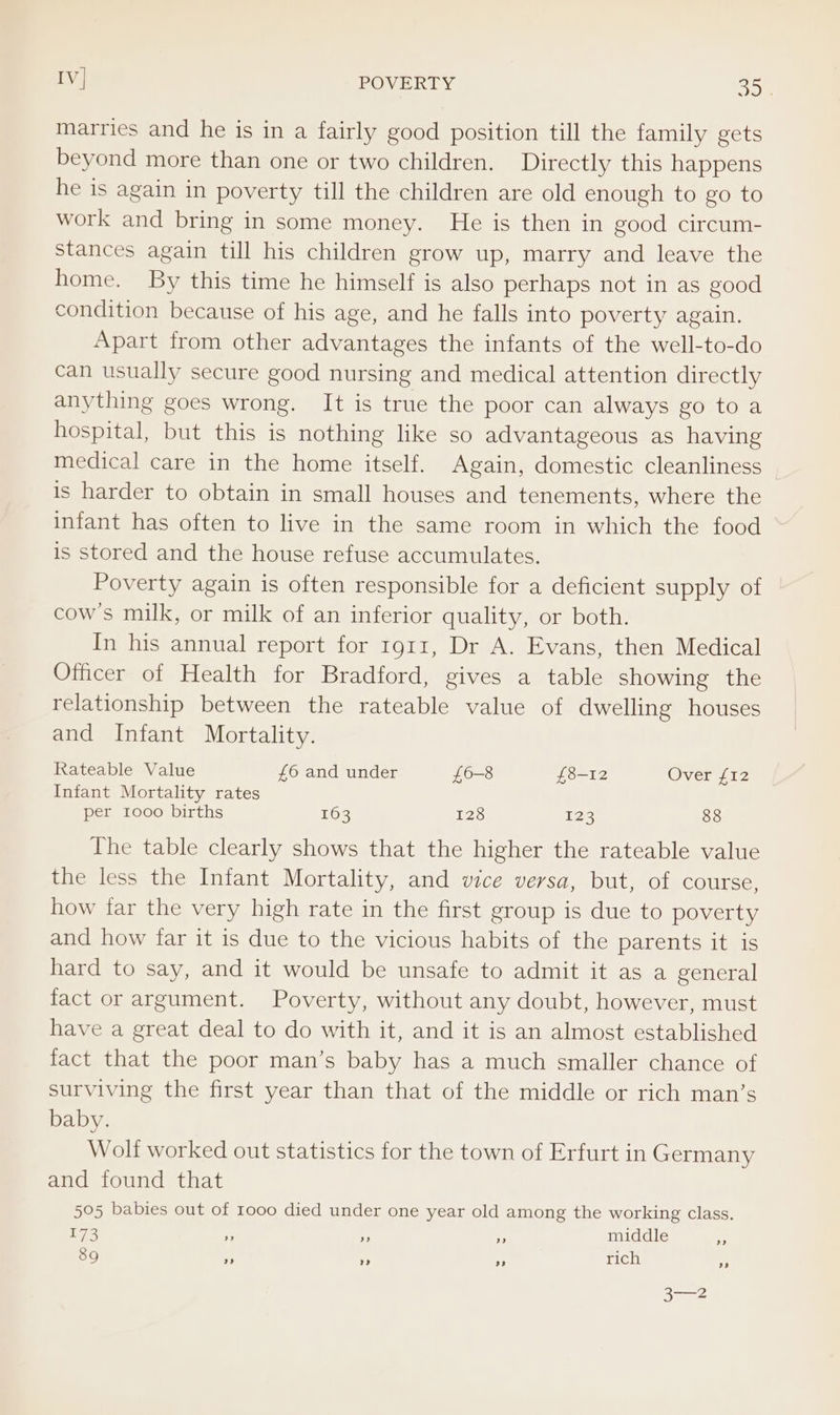 IV] POVERTY SB). marries and he is in a fairly good position till the family gets beyond more than one or two children. Directly this happens he is again in poverty till the children are old enough to go to work and bring in some money. He is then in good circum- stances again till his children grow up, marry and leave the home. By this time he himself is also perhaps not in as good condition because of his age, and he falls into poverty again. Apart from other advantages the infants of the well-to-do can usually secure good nursing and medical attention directly anything goes wrong. It is true the poor can always go to a hospital, but this is nothing like so advantageous as having medical care in the home itself. Again, domestic cleanliness is harder to obtain in small houses and tenements, where the infant has often to live in the same room in which the food is stored and the house refuse accumulates. Poverty again is often responsible for a deficient supply of cow's milk, or milk of an inferior quality, or both. In his annual report for 1911, Dr A. Evans, then Medical Officer of Health for Bradford, gives a table showing the relationship between the rateable value of dwelling houses and Infant Mortality. Rateable Value £6 and under £6-8 £8-12 Over £12 Infant Mortality rates per 1000 births 163 128 123 88 The table clearly shows that the higher the rateable value the less the Infant Mortality, and vice versa, but, of course, how far the very high rate in the first group is due to poverty and how far it is due to the vicious habits of the parents it is hard to say, and it would be unsafe to admit it as a general fact or argument. Poverty, without any doubt, however, must have a great deal to do with it, and it is an almost established fact that the poor man’s baby has a much smaller chance of surviving the first year than that of the middle or rich man’s baby. Wolf worked out statistics for the town of Erfurt in Germany and found that 505 babies out of 1000 died under one year old among the working class. 173 » ” “if middle 89 ”» »? ” rich AN Be