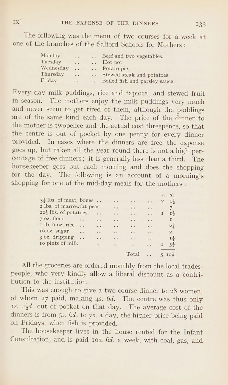 The following was the menu of two courses for a week at one of the branches of the Salford Schools for Mothers : Monday os .. Beef and two vegetables. Tuesday i s« Hot pot; Wednesday .. eeu Potato pie; Thursday es .. Stewed steak and potatoes. Friday ae .. Boiled fish and parsley sauce. Every day milk puddings, rice and tapioca, and stewed fruit in season. The mothers enjoy the milk puddings very much and never seem to get tired of them, although the puddings are of the same kind each day. The price of the dinner to the mother is twopence and the actual cost threepence, so that the centre is out of pocket by one penny for every dinner provided. In cases where the dinners are free the expense goes up, but taken all the year round there is not a high per- centage of free dinners; it is generally less than a third. The housekeeper goes out each morning and does the shopping for the day. The following is an account of a morning’s shopping for one of the mid-day meals for the mothers : Ses 34 lbs. of meat, bones .. te 34 ia 2 14 2 lbs. of marrowfat peas a ve ia 7 Z2¢ 105.0. potatoes 9) | - oa ae I «4 7 oz. flour ae . of A se I Pil O207ar1Ce a, ae on i oe 22 I6 Oz. sugar a os ota oe as 2 4 02. Gripping <3 a ih re cs 14 10 pints of milk “3 ea ae ne I 54 LOta) see FOS All the groceries are ordered monthly from the local trades- people, who very kindly allow a liberal discount as a contri- bution to the institution. This was enough to give a two-course dinner to 28 women, of whom 27 paid, making 4s. 6d. The centre was thus only Is. 43d. out of pocket on that day. The average cost of the dinners is from 5s. 6d. to 7s. a day, the higher price being paid on Fridays, when fish is provided. The housekeeper lives in the house rented for the Infant Consultation, and is paid ros. 6d. a week, with coal, gas, and