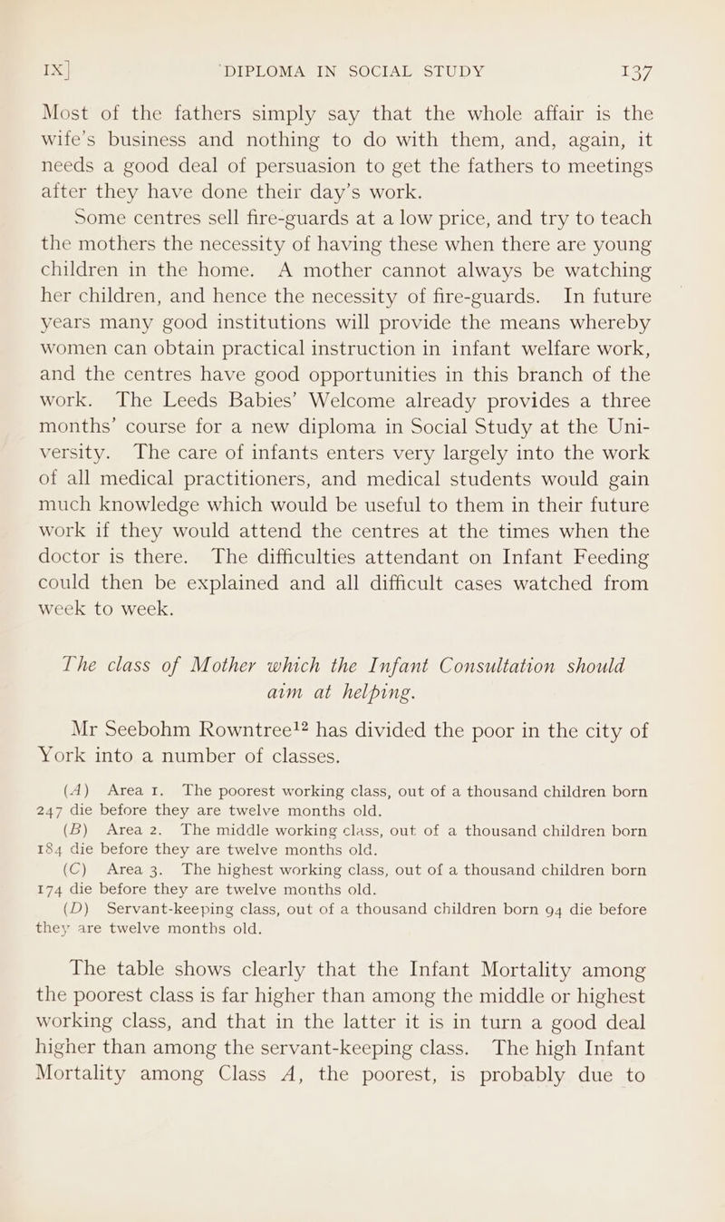 Most of the fathers simply say that the whole affair is the wife’s business and nothing to do with them, and, again, it needs a good deal of persuasion to get the fathers to meetings after they have done their day’s work. Some centres sell fire-guards at a low price, and try to teach the mothers the necessity of having these when there are young children in the home. A mother cannot always be watching her children, and hence the necessity of fire-guards. In future years many good institutions will provide the means whereby women can obtain practical instruction in infant welfare work, and the centres have good opportunities in this branch of the work. The Leeds Babies’ Welcome already provides a three months’ course for a new diploma in Social Study at the Uni- versity. The care of infants enters very largely into the work of all medical practitioners, and medical students would gain much knowledge which would be useful to them in their future work if they would attend the centres at the times when the doctor is there. The difficulties attendant on Infant Feeding could then be explained and all difficult cases watched from week to week. The class of Mother which the Infant Consultation should aim at helping. Mr Seebohm Rowntree!? has divided the poor in the city of York into a number of classes. (4) Area rt. The poorest working class, out of a thousand children born 247 die before they are twelve months old. (B) Area 2. The middle working class, out of a thousand children born 184 die before they are twelve months old. (C) Area 3. The highest working class, out of a thousand children born 174 die before they are twelve months old. (D) Servant-keeping class, out of a thousand children born 94 die before they are twelve months old. The table shows clearly that the Infant Mortality among the poorest class is far higher than among the middle or highest working class, and that in the latter it is in turn a good deal higher than among the servant-keeping class. The high Infant Mortality among Class A, the poorest, is probably due to