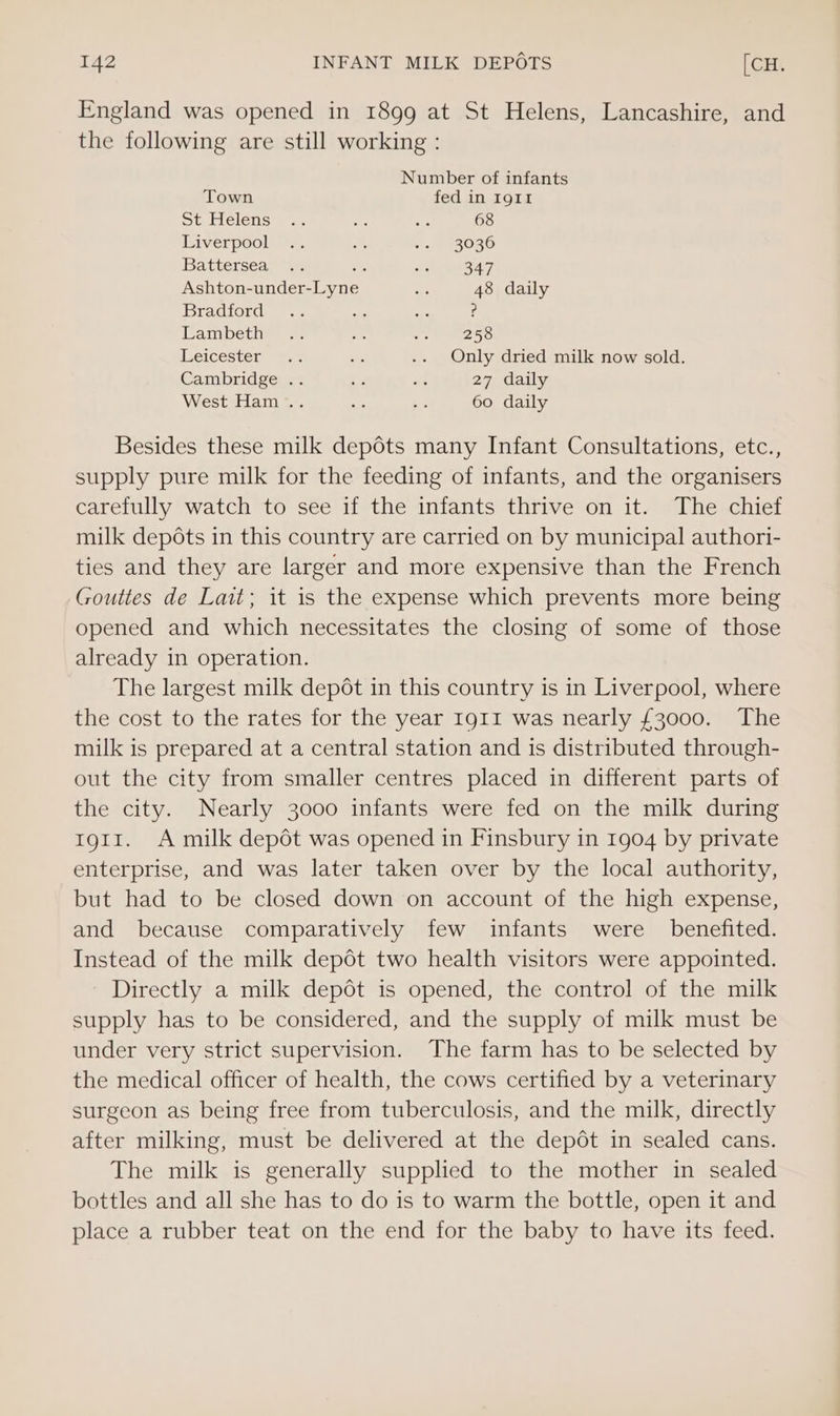 England was opened in 1899 at St Helens, Lancashire, and the following are still working : Number of infants Town fed in I9o1I pt riclens sa. oa oe 68 Liverpool 2, Ms #4, R036 Battersea; “2 2, &lt;3 347 Ashton-under-Lyne — 48 daily Bradford Ae ae ? Lambetiw. = oe a 258 Leicester ©. ve .. Only dried milk now sold. Cambridge .. cad te 27 daily West Ham... a Ee 60 daily Besides these milk depots many Infant Consultations, etc., supply pure milk for the feeding of infants, and the organisers carefully watch to see if the infants thrive on it. The chief milk depéts in this country are carried on by municipal authori- ties and they are larger and more expensive than the French Gouttes de Lait; it is the expense which prevents more being opened and which necessitates the closing of some of those already in operation. The largest milk depot in this country is in Liverpool, where the cost to the rates for the year Ig1I was nearly £3000. The milk is prepared at a central station and is distributed through- out the city from smaller centres placed in different parts of the city. Nearly 3000 infants were fed on the milk during rgir. A milk depot was opened in Finsbury in 1904 by private enterprise, and was later taken over by the local authority, but had to be closed down on account of the high expense, and because comparatively few infants were benefited. Instead of the milk depot two health visitors were appointed. Directly a milk depdt is opened, the control of the milk supply has to be considered, and the supply of milk must be under very strict supervision. The farm has to be selected by the medical officer of health, the cows certified by a veterinary surgeon as being free from tuberculosis, and the milk, directly after milking, must be delivered at the depdt in sealed cans. The milk is generally supplied to the mother in sealed bottles and all she has to do is to warm the bottle, open it and place a rubber teat on the end for the baby to have its feed.