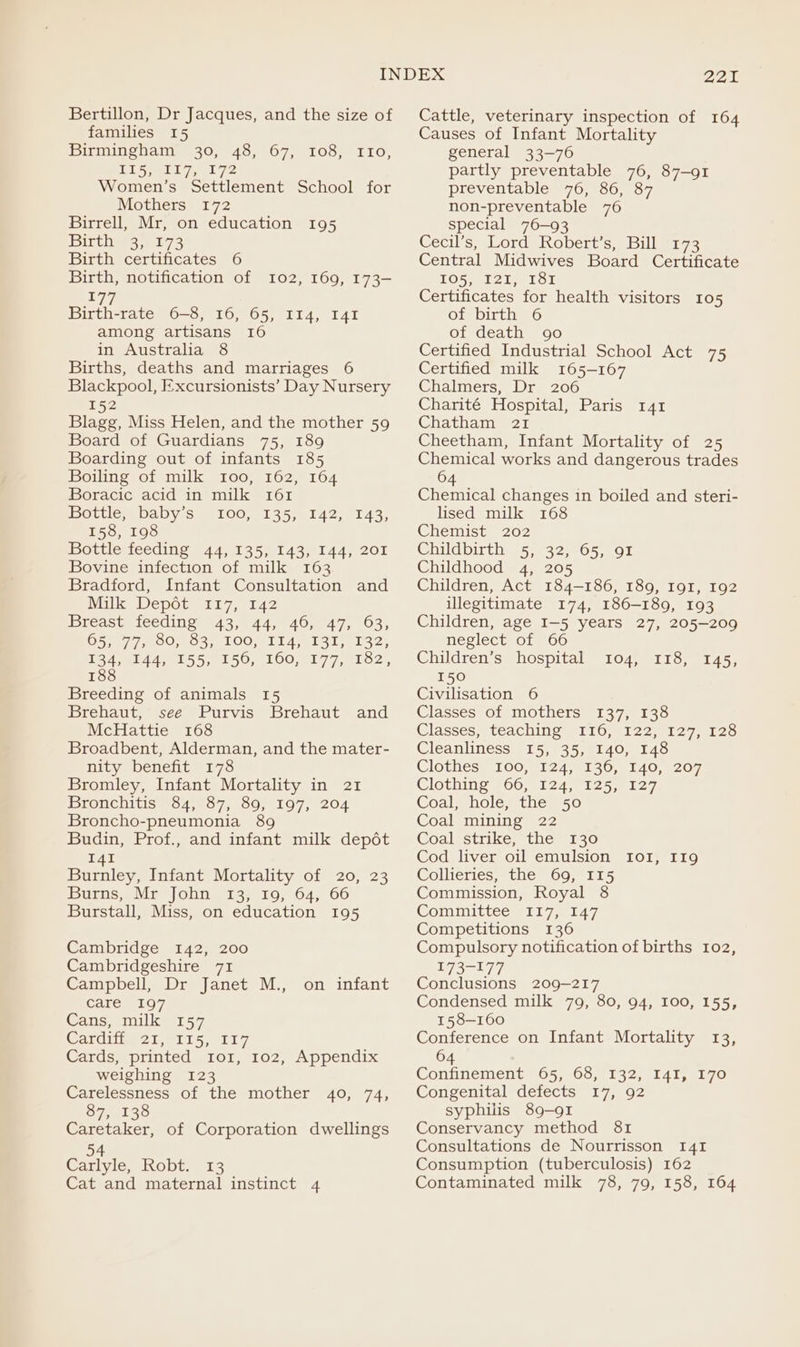 Bertillon, Dr Jacques, and the size of families 15 Birmingham 30, 48, 67, 108, 110, Li seen 7) 172 Women’s Settlement School for Mothers 172 Birrell, Mr, on education 195 Birthe 3172 Birth certificates 6 Birth, notification of 102, 169, 173- 177 Birth-rate 6-8, 16, 65, II4, I41 among artisans 16 in Australia 8 Births, deaths and marriages 6 Blackpool, Excursionists’ Day Nursery 152 Blagg, Miss Helen, and the mother 59 Board of Guardians 75, 189 Boarding out of infants 185 Boiling of milk 100, 162, 164 Boracic acid in milk I61 Bottle, baby's “100, 135, 158, 198 Bottle feeding 44, 135, 143, 144, 201 Bovine infection of milk 163 Bradford, Infant Consultation and Milk Depét 117, 142 Breast feeding 43, 44, 46, 47, 63, O57 pe oOm Os. LOO ni 4a lois ls, 1341 44.9155,0150, 100,0177, 9102, 188 142, 143, Breeding of animals 15 Brehaut, see Purvis Brehaut and McHattie 168 Broadbent, Alderman, and the mater- nity benefit 178 Bromley, Infant Mortality in 21 Bronchitis *$4587; 80; 197,-204 Broncho-pneumonia 89g Budin, Prof., and infant milk depot I4I Burnley, Infant Mortality of 20, 23 buros..Mes|ohn #13) (10.647 66 Burstall, Miss, on education 195 Cambridge 142, 200 Cambridgeshire 71 Campbell, Dr Janet M., care 197 Cans, milk 157 Cardia cioert 5, 117 Cards, printed ror, 102, Appendix weighing 123 Carelessness of the mother 40, 74, BF 8135 Caretaker, of Corporation dwellings on infant 54 Carlyle, Robt. 13 Cat and maternal instinct 4 221 Cattle, veterinary inspection of 164 Causes of Infant Mortality general 33-76 partly preventable 76, 87-91 preventable 76, 86, 87 non-preventable 76 special 76-93 Cecil’s, Lord Robert’s, Bill 173 Central Midwives Board Certificate LOp ers lao Certificates for health visitors 105 of birth 6 of death go Certified Industrial School Act 75 Certified milk 165-167 Chalmers, Dr 206 Charité Hospital, Paris 141 Chatham 21 Cheetham, Infant Mortality of 25 Chemical works and dangerous trades 64 Chemical changes 1n boiled and steri- lised milk 168 Chemist 202 Childbirth: 5.632, -65, (or Childhood 4, 205 Children, Act 184-186, 189, I9I, 192 illegitimate 174, 186-189, 193 Children, age I-5 years 27, 205-209 neglect of 66 Children’s hospital 150 Civilisation 6 Classes of mothers 137, 138 Classes, 4 teaching e116, 122,127,420 Cleanliness 15, 35, 140, 148 Clothes 100, 71247 1360, 140, -207 Clothing FOO;5124.6 125.6127, Coal, hole, the 50 Coal mining 22 Coal strike, the 130 Cod liver oil emulsion Io1, I1g Collieries, the 69, I15 Commission, Royal 8 Committees 117 147 Competitions 136 Compulsory notification of births 102, 173-177 Conclusions 209-217 Condensed milk 79, 80, 94, I00, 155, 158-160 Conference on Infant Mortality 13, 64 Coninement O05 900ml 37,814 teal 7o Congenital defects 17, 92 syphilis 89-91 Conservancy method 81 Consultations de Nourrisson I4I! Consumption (tuberculosis) 162 Contaminated milk 78, 79, 158, 164 TO4,) 1LG, 145.