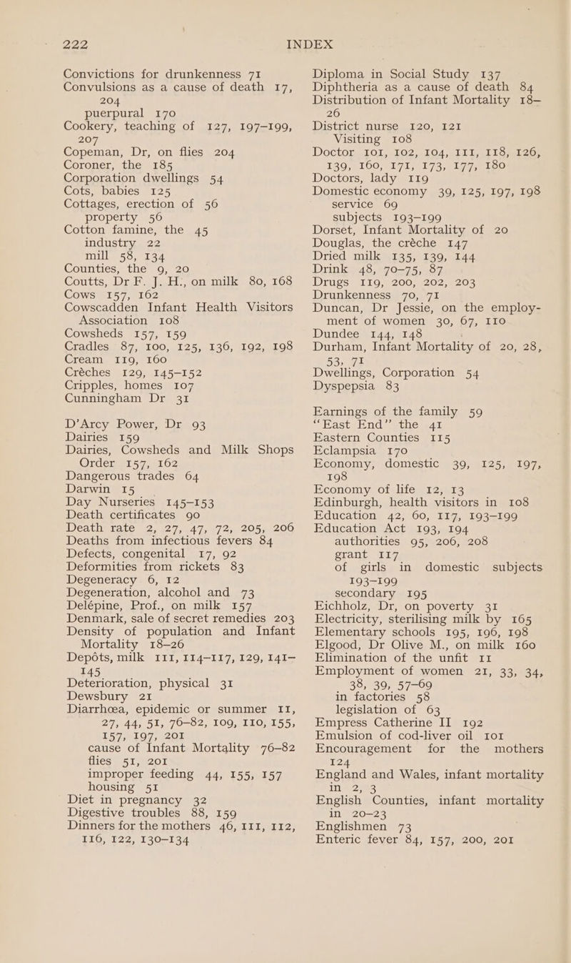 Convictions for drunkenness 71 Convulsions as a cause of death 17, 204 puerpural 170 Cookery, teaching of 207 Copeman, Dr, on flies 204 Coroner, the 185 Corporation dwellings 54 Cots, babies 125 Cottages, erection of 56 property 506 Cotton famine, the 45 industry 22 mill 58, 134 Counties, the 9, 20 Coutts, Dr. F. J. H:, on milk 80, 168 Cows 157, 162 Cowscadden Infant Health Visitors Association 108 Cowsheds 157, 159 Cradles. S77, 0100,01 25,4030; 1LO2 LOG Cream I19, 160 Créches 129, 145-152 Cripples, homes 107 Cunningham Dr 31 127, 197-199, D’Arcy. Power, Dr 93 Dairies 159 Dairies, Cowsheds and Milk Shops Orders 57,0162 Dangerous trades 64 Darwin 15 | Day Nurseries 145-153 Death certificates 90 Death’ tate 2,127,047; 72012053200 Deaths from infectious fevers 84 Defects. conpenital 2.17, 02 Deformities from rickets 83 Degeneracy 6, 12 Degeneration, alcohol and 73 Delépine, Prof.,.on milk 15% Denmark, sale of secret remedies 203 Density of population and Infant Mortality 18—26 Depots, milk III, 114-117, 129, 141I- 145 Deterioration, physical 31 Dewsbury 21 Diarrhoea, epidemic or summer ITI, 27, 44, 51, 76-82, 109, I10, 155, L576107, 2O1 cause of Infant Mortality 76-82 ies, 51,201 improper feeding 44, 155, 157 housing 51 Diet in pregnancy 32 Digestive troubles 88, 159 Dinners for the mothers 46, III, 112, II6, 122, 130-134 Diploma in Social Study 137 Diphtheria as a cause of death 84 Distribution of Infant Mortality 18- 26 District nurse 120, I2I1 Visiting 108 Doctor 101, 102, 104,111, 41g, tee 1390,0160) 171;.173, 17genieo Doctors, lady 119 Domestic economy 39, 125, 197, 198 service 69 subjects 193-199 Dorset, Infant Mortality of 20 Douglas, the créche 147 Dried milk 135, 139, 144 Drink 48, 70-75, 87 Drugs -119;°200,, 202,203 Drunkenness 70, 71 Duncan, Dr Jessie, on the employ- ment of women 30, 67, IIO Dundee 144, 148 Durham, Infant Mortality of 20, 28, 33, 71 ; Dwellings, Corporation 54 Dyspepsia 83 Earnings of the family 59 + Lastaiind Vethe 41 Eastern Counties I15 Eclampsia 170 Economy, domestic 39, 198 Economy of life 12, 13 Edinburgh, health visitors in 108 Education 42, 60, 117, 193-199 Education Act 193, 194 authorities 95, 206, 208 grant I17 of girls 193-199 secondary 195 Eichholz, Dr, on poverty 31 Electricity, sterilising milk by 165 Elementary schools 195, 196, 198 Elgood, Dr Olive M., on milk 160 Elimination of the unfit 11 Employment of women 21, 33, 34, in factories 58 legislation of 63 Empress Catherine II 192 Emulsion of cod-liver oil 101 Encouragement for the mothers L255 OTs in domestic subjects 124 England and Wales, infant mortality iis English Counties, infant mortality in 20-23 Englishmen 73 Enteric feyenis4;) 1579,.0200; 20a