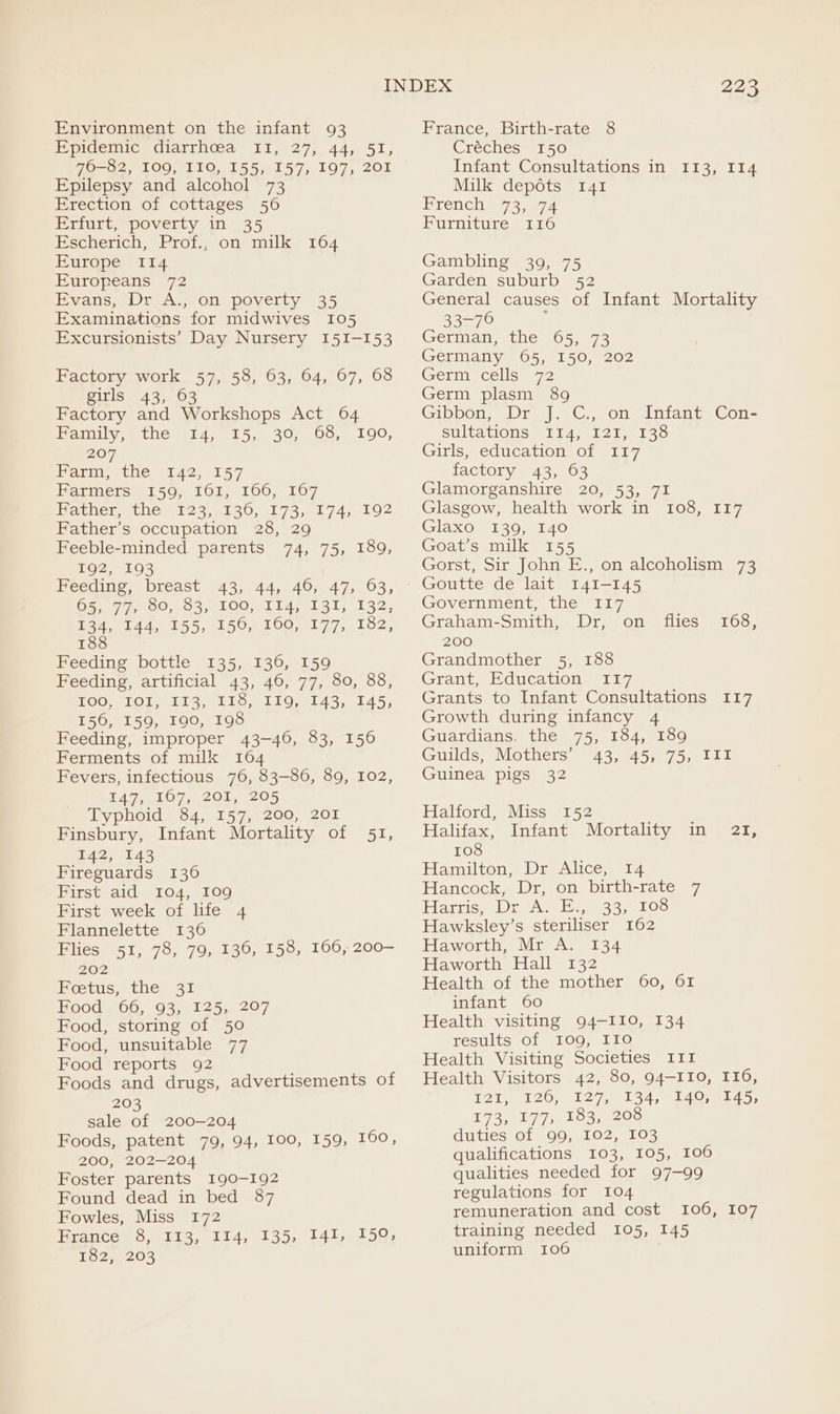 Epidemic diarrhoea I1, 27, 44, 51, 76-82, 109, IIO, 155, 157, 197, 201 Epilepsy and alcohol 73 Erection of cottages 56 Erfurt, poverty in Escherich, Prof., on milk 164 Europe 114 Europeans 72 Evans, Dr_A., on poverty 35 Examinations for midwives I05 Excursionists’ Day Nursery I5I-153 Factory work 57, 58, 63, 64, 67, 68 girls 43, 63 Factory and Workshops Act 64 Family, the 14, 15, 30, 68, 190, 207 Farm, the 142, 157 Parmers 159, 161, 166, 167 ecieuestiiewsf2s pl20) 173,01 745,.192 Father’s occupation 28, 29 Feeble-minded parents 74, 75, 189, 192, 103 Feeding, breast 43, 44, 46, 47, 63, Gore GeO, O39 (OO TT 4, 0031, 122, Bate tad, 155,0150, 9100.91 773, 102, 188 Feeding bottle 135, 136, 159 Feeding, artificial 43, 46, 77, 80, 88, POCsP LOT tt tel iow LEOw TAS, 3145, 156, 159, 190, 198 Feeding, improper 43-46, 83, 156 Ferments of milk 164 Fevers, infectious 76, 83-86, 89, 102, Ad elon mcOle 205 Typhoid 84, 157, 200, 201 Finsbury, Infant Mortality of 51, 142, 143 Fireguards 136 First aid 104, 109 First week of life 4 Flannelette 136 Flies 51, 78, 79, 136, 158, 166, 200- 202 Foetus, the 31 Hoods 66, 035.125, 297 Food, storing of 50 Food, unsuitable 77 Food reports 92 Foods and drugs, advertisements of 203 sale of 200-204 Foods, patent 79, 94, 100, 159, 160, 200, 202-204 Foster parents 190-192 Found dead in bed 87 Fowles, Miss 172 Hrancey otis, 114, 135, °141,, 359, 102, 203 223 Créches 150 Infant Consultations in 113, 114 Milk depéts 141 Hrench 733474 Furniture 116 Gambling 39, 75 Garden suburb 52 General causes of Infant Mortality 33570 German, Lhe 365. 73 Germany 65, 150, 202 Germ cella: 72 Germ plasm 89 Gibbon, Dr }..G., on Intanr Con- sultations 114, 121, 138 Girls, education of 117 factory 43, 63 Glamorganshire 20, 53, 7I Glasgow, health work in 108, 117 Glaxo 139, 140 Goat’s milk 155 Gorst, Sir John E., on alcoholism 73 Goutte de lait 141-145 GOvermment. ties 11/7 Graham-Smith, Dr, 200 Grandmother 5, 188 Grant, Education I17 Grants to Infant Consultations 117 Growth during infancy 4 Guardians. the 75, 184, 189 Guilds, Mothers’ 43, 45, 75, 111 Guinea pigs 32 on flies 168, Halford, Miss 152 Halifax, Infant Mortality in 21, 108 Hamilton, Dr Ace; 14 Hancock, Dr, on birth-rate 7 Harris; Dr A. E., 33, 106 Hawksley’s steriliser 162 Haworth, Mr A. 134 Haworth Hall 132 Health of the mother 60, 61 infant 60 Health visiting 94-I1I0, 134 results of 109, I1IO Health Visiting Societies III Health Visitors 42, 80, 94-110, 116, T21 el 20, 2 7 OA are dG P77 7 loo, 208 duties of 99, 102, 103 qualifications 103, 105, 106 qualities needed for 97-99 regulations for 104 remuneration and cost 106, 107 training needed 105, 145 uniform 106