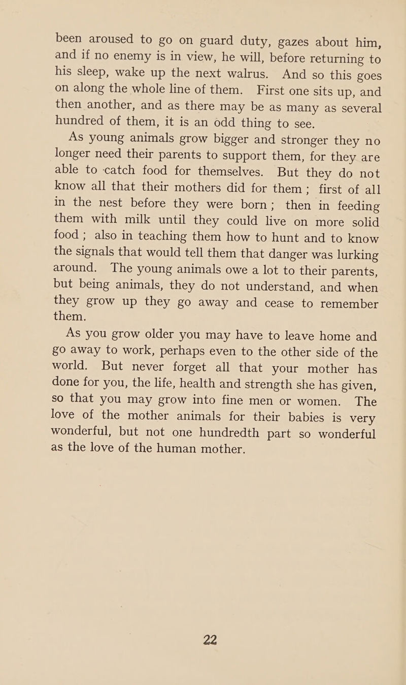 been aroused to go on guard duty, gazes about him, and if no enemy is in view, he will, before returning to his sleep, wake up the next walrus. And so this goes on along the whole line of them. First one sits up, and then another, and as there may be as many as several hundred of them, it is an odd thing to see. As young animals grow bigger and stronger they no longer need their parents to support them, for they are able to catch food for themselves. But they do not know all that their mothers did for them seelirsteciaall in the nest before they were born; then in feeding them with milk until they could live on more solid food ; also in teaching them how to hunt and to know the signals that would tell them that danger was lurking around. The young animals owe a lot to their parents, but being animals, they do not understand, and when they grow up they go away and cease to remember them. As you grow older you may have to leave home and go away to work, perhaps even to the other side of the world. But never forget all that your mother has done for you, the life, health and strength she has given, so that you may grow into fine men or women. The love of the mother animals for their babies is very wonderful, but not one hundredth part so wonderful as the love of the human mother.