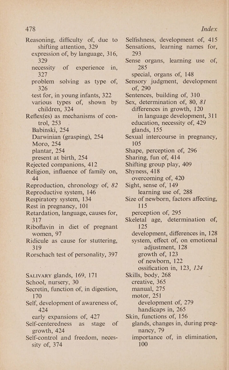 Reasoning, difficulty of, due to shifting attention, 329 expression of, by language, 316, 329 necessity of 52h problem solving as type of, 326 test for, in young infants, 322 various types of, shown by children, 324 Reflex(es) as mechanisms of con- trol, 293 Babinski, 254 Darwinian (grasping), 254 Moro, 254 plantar, 254 present at birth, 254 Rejected companions, 412 Religion, influence of family on, 44 Reproduction, chronology of, 82 Reproductive system, 146 Respiratory system, 134 Rest in pregnancy, 101 Retardation, language, causes for, 317, Riboflavin in diet of pregnant women, 97 Ridicule as cause for stuttering, 319 Rorschach test of personality, 397 experience mans SALIVARY glands, 169, 171 School, nursery, 30 Secretin, function of, in digestion, 170 Self, development of awareness of, 424 early expansions of, 427 Self-centeredness as stage of growth, 424 Self-control and freedom, neces- sity of, 374 Selfishness, development of, 415 Sensations, learning names for, 293 Sense organs, learning use of, 285 special, organs of, 148 Sensory judgment, development of, 290 Sentences, building of, 310 Sex, determination of, 80, 8/ differences in growth, 120 in language development, 311 education, necessity of, 429 glands, 155 Sexual intercourse in pregnancy, 105 Shape, perception of, 296 Sharing, fun of, 414 Shifting group play, 409 Shyness, 418 overcoming of, 420 Sight, sense of, 149 learning use of, 288 Size of newborn, factors affecting, fis perception of, 295 Skeletal age, determination of, | eas development, differences in, 128 system, effect of, on emotional adjustment, 128 growth of, 123 of newborn, 122 ossification in, 123, /24 Skills, body, 268 creative, 365 manual, 275 motor, 251 development of, 279 handicaps in, 265 Skin, functions of, 156 glands, changes in, during preg- nancy, 79 importance of, in elimination, 100