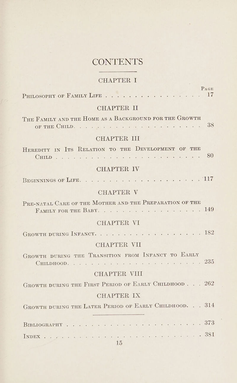 CONTENTS CHAPLTERSL PAGE PHILOSOPHY OREEVAMIL:Y) LLP ne meen cee. Pe Tote ale ese gee er ot AY CHART i Tue FAMILY AND THE HoME AS A BACKGROUND FOR THE GROWTH OTH I, CHIT Dee ae ae kar re) mtn Re Me MO anole ati yea ta SOc) CHAPTER III Herepity IN Its RELATION TO THE DEVELOPMENT OF THE COTE ee ee OH LRA ih UII hes le Te RE Oe a: SOU CHAPTER IV RRCINNINGS OF Libie cohen ein A seta te reper are erator 1 CHAPTER V PRE-NATAL CARE OF THE MOTHER AND THE PREPARATION OF THE AMIE HORDE ESD SE Your pee, ahecke len she aeerta mete tat LAD CHAPTER Vii CO WIEHIDURING: LNMAN CY. 0), Sig SUR wen Pentre enrrNer Cig SZ CHAP THE: Vil GROWTH DURING THE TRANSITION FROM INFANCY TO EARLY GOAT EE OO Dia ee ae ei ge ay ra Be See emgrnres PEL OD CEVA PAH aay TEL GROWTH DURING THE First Perrop oF EARLY CHILDHOOD. . . 262 CHAPTER IX GROWTH DURING THE LATER Perrop oF HARLY CHILDHOOD. . . 314 TRLLOCE ALE Yee a a ee i ota eee te) alts 373 TSE eae at eo Meee aera SEO pe ke trad ents heme te Me con id 8 381