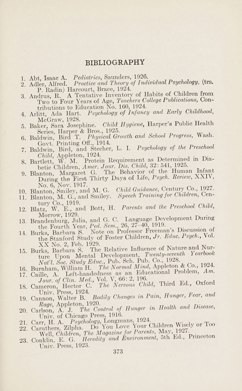 Oo DN DH B BIBLIOGRAPHY Abt, Isaac A. Pediatrics, Saunders, 1926. Adler, Alfred. Practice and Theory of I ndividual Psychology, (trs. P. Radin) Harcourt, Brace, 1924. Andrus, R. A Tentative Inventory of Habits of Children from Two to Four Years of Age, J’eachers College Publications, Con- tributions to Education No. 160, 1924. Arlitt, Ada Hart. Psychology of Infancy and Early Childhood, McGraw, 1928. Series, Harper &amp; Bros., 1925. Govt. Printing Off., 1914. Baldwin, Bird, and Stecher, L. I. Psychology of the Preschool Child, Appleton, 1924. Bartlett, W. M. Protein Requirement as Determined in Dia- betic Children, Amer. Jour. Dis. Child, 32: 541, 1925. Blanton, Margaret G. The Behavior of the Human Infant During the First Thirty Days of Life, Psych. Review, XXIV, INGO; Nove LO LT. Ey COeeLO Lo: Morrow, 1929. Brandenburg, Julia, and G. C. Language Development During the Fourth Year, Ped. Sem., 26, 27-40, 1919. Burks, Barbara 8. Note on Professor Freeman’s Discussion of the Stanford Study of Foster Children, Jr. Educ. Psych., Vol. eX NO eee reb aL o2e: ture Upon Mental Development, Twenty-seventh Yearbook Nat'l. Soc. Study Educ., Pub. Sch. Pub. Co., 1928. Jour. of Clin. Med., Vol. V, 66: 2,196; Cameron, Hector C. The Nervous Child, Third Ed., Oxford Univ. Press, 1924. Cannon, Walter B. Bodily Changes in Pain, Hunger, Fear, and Rage, Appleton, 1920. Univ. of Chicago Press, 1916. Caruthers, Zilpha. Do You Love Your Children Wisely or Too Well, Children, The Magazine for Parents, May, 1927. Univ. Press, 1923.