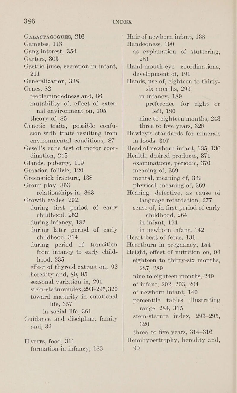 GALACTAGOGUES, 216 Gametes, 118 Gang interest, 354 Garters, 303 Gastric juice, secretion in infant, 211 Generalization, 338 Genes, 82 feeblemindedness and, 86 mutability of, effect of exter- nal environment on, 105 theory of, 85 Genetic traits, possible confu- sion with traits resulting from environmental conditions, 87 Gesell’s cube test of motor coor- dination, 245 Glands, puberty, 119 Graafian follicle, 120 Greenstick fracture, 138 Group play, 363 relationships in, 363 Growth cycles, 292. during first period of early childhood, 262 during infancy, 182 during later period of early childhood, 314 during period of transition from infancy to early child- hood, 235 effect of thyroid extract on, 92 heredity and, 80, 95 seasonal variation in, 291 stem-statureindex, 293-295, 320 toward maturity in emotional life, 357 in social life, 361 Guidance and discipline, family and, 32 Hasirts, food, 311 formation in infancy, 183 Hair of newborn infant, 138 Handedness, 190 as explanation of stuttering, 281 Hand-mouth-eye coordinations, development of, 191 Hands, use of, eighteen to thirty- six months, 299 in infancy, 189 preference for left, 190 nine to eighteen months, 243 three to five years, 328 Hawley’s standards for minerals in foods, 307 Head of newborn infant, 135, 136 Health, desired products, 371 examinations, periodic, 370 meaning of, 369 mental, meaning of, 369 physical, meaning of, 369 Hearing, defective, as cause of language retardation, 277 sense of, in first period of early childhood, 264 in infant, 194 in newborn infant, 142 Heart beat of fetus, 131 Heartburn in pregnancy, 154 Height, effect of nutrition on, 94 eighteen to thirty-six months, 287, 289 nine to eighteen months, 249 of infant, 202, 203, 204 of newborn infant, 140 right or percentile tables illustrating range, 284, 315 stem-stature index, 320 three to five years, 314-316 Hemihypertrophy, heredity and, 90 293-295,