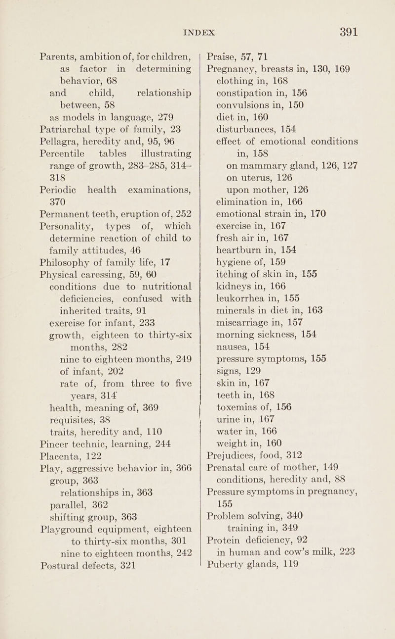 Parents, ambition of, for children, as factor in determining behavior, 68 and child, between, 58 as models in language, 279 Patriarchal type of family, 23 Pellagra, heredity and, 95, 96 Percentile tables illustrating range of growth, 283-285, 314— 318 Periodic 370 Permanent teeth, eruption of, 252 Personality, types of, which determine reaction of child to family attitudes, 46 Philosophy of family life, 17 Physical caressing, 59, 60 conditions due to nutritional deficiencies, confused with inherited traits, 91 exercise for infant, 233 growth, eighteen to thirty-six months, 282 nine to eighteen months, 249 of infant, 202 rate of, from three to five years, 314 health, meaning of, 369 requisites, 38 traits, heredity and, 110 Pincer technic, learning, 244 Placenta, 122 Play, aggressive behavior in, 366 group, 363 relationships in, 363 parallel, 362 shifting group, 363 Playground equipment, eighteen to thirty-six months, 301 nine to eighteen months, 242 Postural defects, 321 relationship health examinations, 391 Praise, 57, 71 Pregnancy, breasts in, 180, 169 clothing in, 168 constipation in, 156 convulsions in, 150 diet in, 160 disturbances, 154 effect of emotional conditions in, 158 on mammary gland, 126, 127 on uterus, 126 upon mother, 126 elimination in, 166 emotional strain in, 170 exercise in, 167 fresh air in, 167 heartburn in, 154 hygiene of, 159 itching of skin in, 155 kidneys in, 166 leukorrhea in, 155 minerals in diet in, 163 miscarriage in, 157 morning sickness, 154 nausea, 154 pressure symptoms, 155 signs, 129 skin in, 167 teeth in, 168 toxemias of, 156 urine in, 167 water in, 166 weight in, 160 Prejudices, food, 312 Prenatal care of mother, 149 conditions, heredity and, 88 Pressure symptoms in pregnancy, 155 Problem solving, 340 training in, 349 Protein deficiency, 92 in human and cow’s milk, 223 Puberty glands, 119