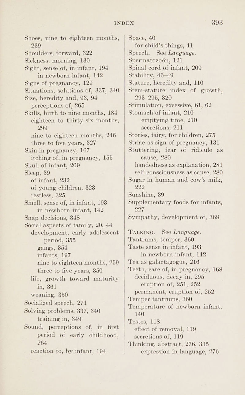 Shoes, nine to eighteen months, 239 Shoulders, forward, 322 Sickness, morning, 130 Sight, sense of, in infant, 194 in newborn infant, 142 Signs of pregnancy, 129 Situations, solutions of, 337, 340 Size, heredity and, 93, 94 perceptions of, 265 Skills, birth to nine months, 184 eighteen to thirty-six months, 299 nine to eighteen months, 246 three to five years, 327 Skin in pregnancy, 167 itching of, in pregnancy, 155 Skull of infant, 209 Sleep, 39 of infant, 232 of young children, 323 restless, 325 Smell, sense of, in infant, 193 in newborn infant, 142 Snap decisions, 348 Social aspects of family, 20, 44 development, early adolescent period, 355 gangs, 354 infants, 197 nine to eighteen months, 259 three to five years, 350 life, growth toward maturity in, 361 weaning, 350 Socialized speech, .271 Solving problems, 337, 340 training in, 349 Sound, perceptions of, in first period of early childhood, 264 393 Space, 40 for child’s things, 41 Speech. See Language. Spermatozoon, 121 Spinal cord of infant, 209 Stability, 46-49 Stature, heredity and, 110 Stem-stature index of growth, 293-295, 320 Stimulation, excessive, 61, 62 Stomach of infant, 210 emptying time, 210 secretions, 211 Stories, fairy, for children, 275 Striae as sign of pregnancy, 1381 Stuttering, fear of ridicule as cause, 280 handedness as explanation, 281 self-consciousness as cause, 280 Sugar in human and cow’s milk, 222 Sunshine, 39 Supplementary foods for infants, 227 Sympathy, development of, 368 TALKING. See Language. Tantrums, temper, 360 Taste sense in infant, 193 in newborn infant, 142 Tea as galactagogue, 216 Teeth, care of, in pregnancy, 168 deciduous, decay in, 295 eruption of, 251, 252 permanent, eruption of, 252 Temper tantrums, 360 Temperature of newborn infant, 140 Testes, 118 effect of removal, 119 secretions of, 119 Thinking, abstract, 276, 335