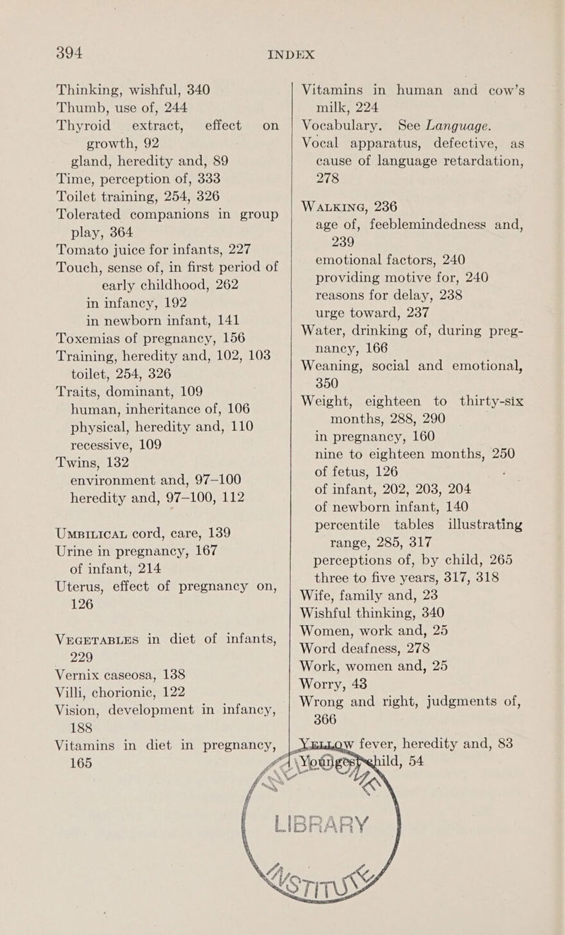 Thinking, wishful, 340 Thumb, use of, 244 Thyroid — extract, growth, 92 gland, heredity and, 89 Time, perception of, 333 Toilet training, 254, 326 Tolerated companions in group play, 364 Tomato juice for infants, 227 Touch, sense of, in first period of early childhood, 262 in infancy, 192 in newborn infant, 141 Toxemias of pregnancy, 156 Training, heredity and, 102, 103 toilet, 254, 326 Traits, dominant, 109 human, inheritance of, 106 physical, heredity and, 110 recessive, 109 Twins, 132 environment and, 97-100 heredity and, 97-100, 112 effect on Umpiuican cord, care, 139 Urine in pregnancy, 167 of infant, 214 Uterus, effect of pregnancy on, 126 VEGETABLES in diet of infants, 229 Vernix caseosa, 138 Villi, chorionic, 122 Vision, development in infancy, 188 Vitamins in diet in pregnancy, 165 Vitamins in human and cow’s milk, 224 Vocabulary. See Language. Vocal apparatus, defective, as cause of language retardation, 278 WALKING, 236 age of, feeblemindedness and, 239 emotional factors, 240 providing motive for, 240 reasons for delay, 238 urge toward, 237 Water, drinking of, during preg- nancy, 166 Weaning, social and emotional, 350 Weight, eighteen to thirty-six months, 288, 290 in pregnancy, 160 nine to eighteen months, 250 of fetus, 126 of infant, 202, 203, 204 of newborn infant, 140 percentile tables illustrating range, 285, 317 perceptions of, by child, 265 three to five years, 317, 318 Wife, family and, 23 Wishful thinking, 340 Women, work and, 25 Word deafness, 278 Work, women and, 25 Worry, 43 Wrong and right, judgments of, 366