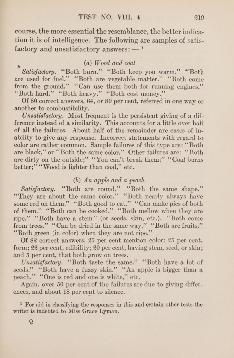 course, the more essential the resemblance, the better indica- tion it is of intelligence. The following are samples of satis- factory and unsatisfactory answers: — ! (a) Wood and coat Sedition: “Both burn.” ‘Both keep you warm.” “Both are used for fuel.’ “Both are vegetable matter.’ “Both come from the ground.” ‘“‘Can use them both for running engines.” “Both hard.” “Both heavy.” “Both cost money.” Of 80 correct answers, 64, or 80 per cent, referred in one way or another to combustibility. Unsatisfactory. Most frequent is the persistent giving of a dif- ference instead of a similarity. This accounts for a little over half of all the failures. About half of the remainder are cases of in- ability to give any response. Incorrect statements with regard to color are rather common. Sample failures of this type are: “Both are black,” or “‘ Both the same color.” Other failures are: ‘‘ Both are dirty on the outside; ““You can’t break them;” “‘Coal burns better;” “Wood is lighter than coal,” etc. (b) An apple and a peach Satisfactory. “Both are round.” ‘“‘Both the same shape.” “They are about the same color.” “Both nearly always have some red on them.” “Both good to eat.” “Can make pies of both of them.” ‘‘Both can be cooked.” “Both mellow when they are ripe.” “Both have a stem”’ (or seeds, skin, etc.). “Both come from trees.” “Can be dried in the same way.” “Both are fruits.” *Both green (in color) when they are not ripe.” Of 82 correct answers, 25 per cent mention color; 25 per cent, form; 22 per cent, edibility; 20 per cent, having stem, seed, or skin; and 5 per cent, that both grow on trees. Unsatisfactory. “Both taste the same.” “Both have a lot of seeds.” “Both have a fuzzy skin.” “An apple is bigger than a peach.” “One is red and one is white,” ete. Again, over 50 per cenit of the failures are due to giving differ- ences, and about 18 per cent to silence. 1 For aid in classifying the responses in this and certain other tests the writer is indebted to Miss Grace Lyman. 9