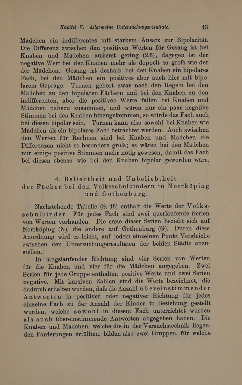 Mädchen ein indifferentes mit starkem Ansatz zur Bipolarität. Die Differenz zwischen den positiven Werten für Gesang ist bei Knaben und Mädchen äulfserst gering (2,6), dagegen ist der negative Wert bei den Knaben mehr als doppelt so grofs wie der der Mädchen. Gesang ist deshalb bei den Knaben ein bipolares Fach, bei den Mädchen ein positives aber auch hier mit bipo- larem Gepräge. Turnen gehört zwar nach den Regeln bei den Mädchen zu den bipolaren Fächern und bei den Knaben zu den indifferenten, aber die positiven Werte fallen bei Knaben und Mädchen nahezu zusammen, und wären nur ein paar negative Stimmen bei den Knaben hinzugekommen, so würde das Fach auch bei diesen bipolar sein. Turnen kann also sowohl bei Knaben wie Mädchen als ein bipolares Fach betrachtet werden. Auch zwischen den Werten für Rechnen sind bei Knaben und Mädchen die Differenzen nicht so besonders grofs; es wären bei den Mädchen nur einige positive Stimmen mehr nötig gewesen, damit das Fach bei diesen ebenso wie bei den Knaben bipolar geworden wäre. 4. Beliebtheit und Unbeliebtheit der Fächer bei den Volksschulkindern in Norrköping und Gothenburg. Nachstehende Tabelle (S. 46) enthält die Werte der Volks- schulkinder. Für jedes Fach sind zwei querlaufende Serien von Werten vorhanden. Die erste dieser Serien bezieht sich auf Norrköping (N), die andere auf Gothenburg (G). Durch diese Anordnung wird es leicht, auf jedem einzelnen Punkt Vergleiche zwischen den Untersuchungsresultaten der beiden Städte anzu- stellen. In längslaufender Richtung sind vier Serien von Werten für die Knaben und vier für die Mädchen angegeben. Zwei Serien für jede Gruppe enthalten positive Werte und zwei Serien negative. Mit kursiven Zahlen sind die Werte bezeichnet, die dadurch erhalten wurden, dafs die Anzahl üb ereinstimmender Antworten in positiver oder negativer Richtung für jedes einzelne Fach zu der Anzahl der Kinder in Beziehung gestellt wurden, welche sowohl in diesem Fach unterrichtet wurden als auch übereinstimmende Antworten abgegeben haben. Die Knaben und Mädchen, welche die in der Versuchstechnik liegen- den Forderungen erfüllten, bilden also zwei Gruppen, für welche