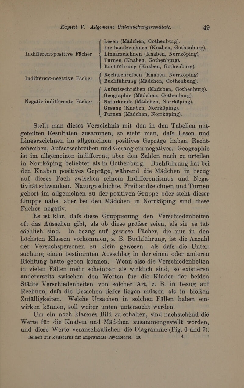 Lesen (Mädchen, Gothenburg). Freihandzeichnen (Knaben, Gothenburg). Indifferent-positive Fächer Linearzeichnen (Knaben, Norrköping). Turnen (Knaben, Gothenburg). Buchführung (Knaben, Gothenburg). ; ' M Rechtschreiben (Knaben, Norrköping). Indifferent-negative Fächer { Buchführung (Mädchen, Gothenburg). Aufsatzschreiben (Mädchen, Gothenburg). | Geographie (Mädchen, Gothenburg). Negativ-indifferente Fächer Naturkunde (Mädchen, Norrköping). | Gesang (Knaben, Norrköping). Turnen (Mädchen, Norrköping). Stellt man dieses Verzeichnis mit den in den Tabellen mit- geteilten Resultaten zusammen, so sieht man, dals Lesen und Linearzeichnen im allgemeinen positives Gepräge haben, Recht- schreiben, Aufsatzschreiben und Gesang ein negatives. Geographie ist im allgemeinen indifferent, aber den Zahlen nach zu urteilen in Norrköping beliebter als in Gothenburg. Buchführung hat bei den Knaben positives Gepräge, während die Mädchen in bezug auf dieses Fach zwischen reinem Indifferentismus und Nega- tivität schwanken. Naturgeschichte, Freihandzeichnen und Turnen gehört im allgemeinen zu der positiven Gruppe oder steht dieser Gruppe nahe, aber bei den Mädchen in Norrköping sind diese Fächer negativ. Es ist klar, dafs diese Gruppierung den Verschiedenheiten oft das Aussehen gibt, als ob diese gröfser seien, als sie es tat- sächlich sind. In bezug auf gewisse Fächer, die nur in den höchsten Klassen vorkommen, z. B. Buchführung, ist die Anzahl der Versuchspersonen zu klein gewesen, als dafs die Unter- suchung einen bestimmten Ausschlag in der einen oder anderen Richtung hätte geben können. Wenn also die Verschiedenheiten in vielen Fällen mehr scheinbar als wirklich sind, so existieren andererseits zwischen den Werten für die Kinder der beiden Städte Verschiedenheiten von solcher Art, z. B. in bezug auf Rechnen, dafs die Ursachen tiefer liegen müssen als in blolsen Zufälligkeiten. Welche Ursachen in solchen Fällen haben ein- wirken können, soll weiter unten untersucht werden. Um ein noch klareres Bild zu erhalten, sind nachstehend die Werte für die Knaben und Mädchen zusammengestellt worden, und diese Werte veranschaulichen die Diagramme (Fig. 6 und 7). Beiheft zur Zeitschrift für angewandte Psychologie. 10. 4 |