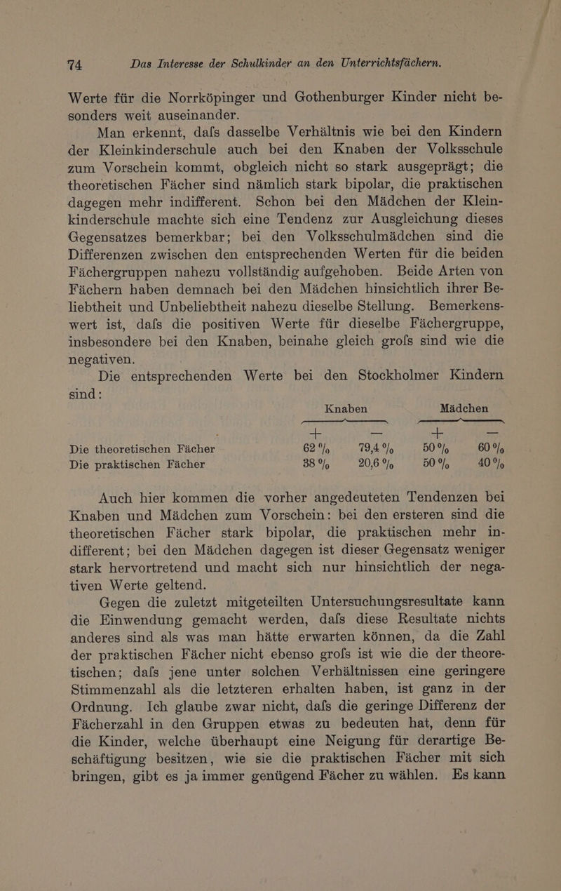 Werte für die Norrköpinger und Gothenburger Kinder nicht be- sonders weit auseinander. Man erkennt, dafs dasselbe Verhältnis wie bei den Kindern der Kleinkinderschule auch bei den Knaben der Volksschule zum Vorschein kommt, obgleich nicht so stark ausgeprägt; die theoretischen Fächer sind nämlich stark bipolar, die praktischen dagegen mehr indifferent. Schon bei den Mädchen der Klein- kinderschule machte sich eine Tendenz zur Ausgleichung dieses Gegensatzes bemerkbar; bei den Volksschulmädchen sind die Differenzen zwischen den entsprechenden Werten für die beiden Fächergruppen nahezu vollständig aufgehoben. Beide Arten von Fächern haben demnach bei den Mädchen hinsichtlich ihrer Be- liebtheit und Unbeliebtheit nahezu dieselbe Stellung. Bemerkens- wert ist, dafs die positiven Werte für dieselbe Fächergruppe, insbesondere bei den Knaben, beinahe gleich grols sind wie die negativen. Die entsprechenden Werte bei den Stockholmer Kindern sind: Knaben Mädchen —— VU Je Ve | Die theoretischen Fächer 62% 79,4%, 50% 60 9% Die praktischen Fächer 38% 20,6 % 50% 40 9%, Auch hier kommen die vorher angedeuteten Tendenzen bei Knaben und Mädchen zum Vorschein: bei den ersteren sind die theoretischen Fächer stark bipolar, die praktischen mehr in- different; bei den Mädchen dagegen ist dieser Gegensatz weniger stark hervortretend und macht sich nur hinsichtlich der nega- tiven Werte geltend. Gegen die zuletzt mitgeteilten Untersuchungsresultate kann die Einwendung gemacht werden, dafs diese Resultate nichts anderes sind als was man hätte erwarten können, da die Zahl der praktischen Fächer nicht ebenso grols ist wie die der theore- tischen; dafs jene unter solchen Verhältnissen eine geringere Stimmenzahl als die letzteren erhalten haben, ist ganz in der Ordnung. Ich glaube zwar nicht, dafs die geringe Differenz der Fächerzahl in den Gruppen etwas zu bedeuten hat, denn für die Kinder, welche überhaupt eine Neigung für derartige Be- schäftigung besitzen, wie sie die praktischen Fächer mit sich bringen, gibt es jaimmer genügend Fächer zu wählen. Es kann