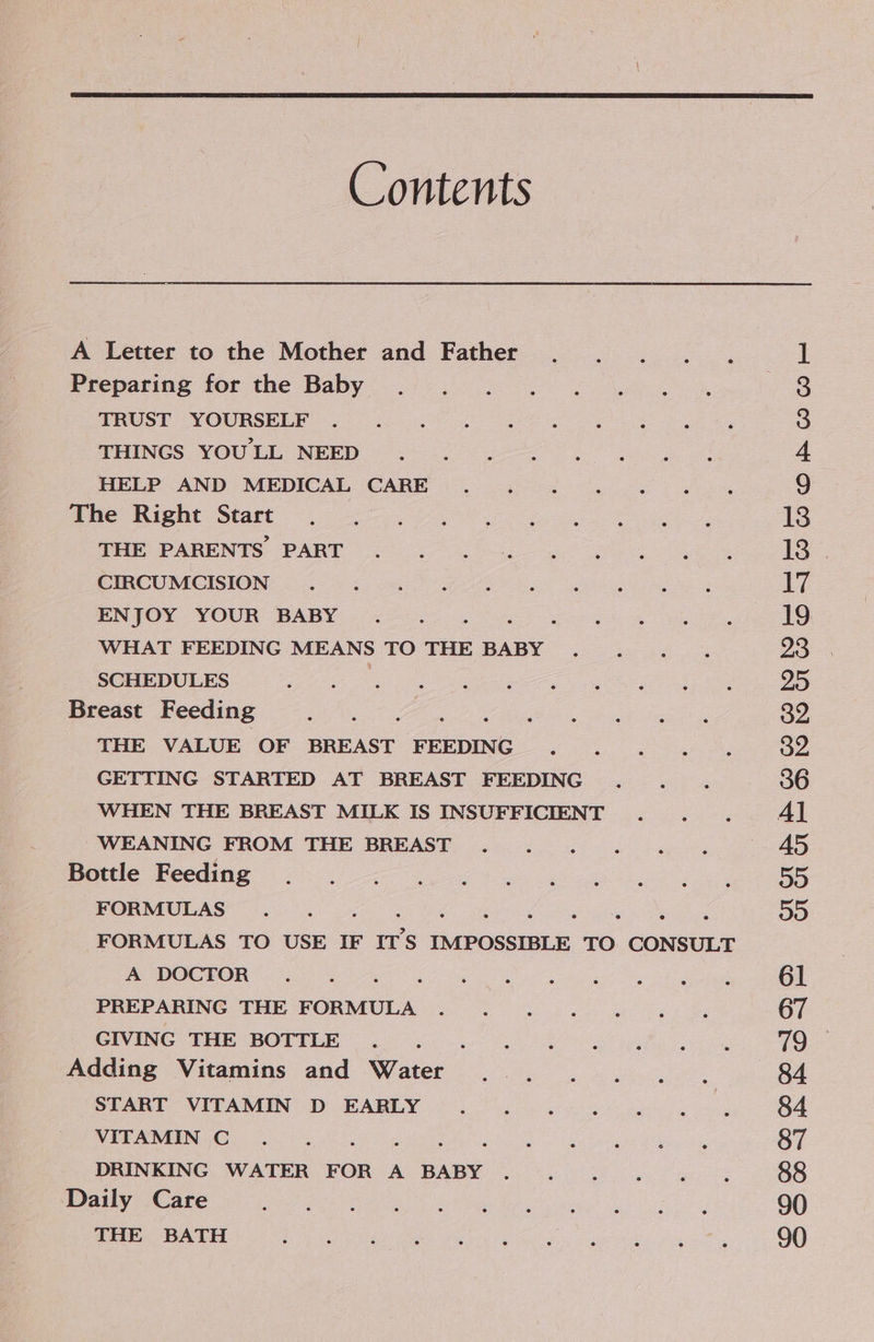 Contents A Letter to the Mother and Father Preparing for the Baby TRUST YOURSELF THINGS YOULL NEED HELP AND MEDICAL CARE The Right Start THE PARENTS PART CIRCUMCISION ENJOY YOUR BABY : WHAT FEEDING MEANS TO THE BABY SCHEDULES Breast Feeding Rig het ta THE VALUE OF BREAST FEEDING... . GETTING STARTED AT BREAST FEEDING WHEN THE BREAST MILK IS INSUFFICIENT WEANING FROM THE BREAST Bottle Feeding FORMULAS : ‘ ‘ § FORMULAS TO USE IF IT fs IMPOSSIBLE TO CONSULT A DOCTOR ; PREPARING THE FORMULA GIV ING THE BOTTLE . ; A : ‘ ‘ , Adding Vitamins and Water START VITAMIN D EARLY VITAMIN C DRINKING WATER FOR A BABY Daily Care THE BATH 1 J I 19. 23 25 32 32 36 NOWORW OW 45 59 50 61 67 79 84 84 87 88 90 90