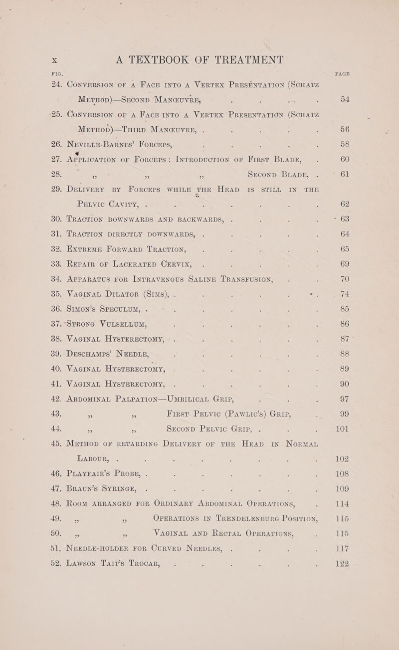 25, 52, A TEXTBOOK OF TREATMENT MetHop)—Srconp Manauvern, CoNVERSION OF A FAcE INTO A VERTEX PRESENTATION (SCHATZ MetHop)—Tuirp Manavvers, . a APPLICATION OF ForcErs: INTRODUCTION oF FiRsT BLADE, ep e ” ” ” SECOND BLADE, DELIVERY BY ForcEPS WHILE THE HEAD IS STILL IN THE . Prtvic Cavity, x A First Pretvic (PAwtic’s) GRIP, if 5 SECOND PrLvic Grip, LABOUR, PLAYFAIR’S PRoBE, . BRAUN’S SYRINGE, “3 ‘ OPERATIONS IN 'TRENDELENBURG PosiTIoN, 4 VAGINAL AND RecTAL OPERATIONS, Lawson Tarv’s Trocar, PAGE 54 56 101 102 108 109 114 115 115 117 122