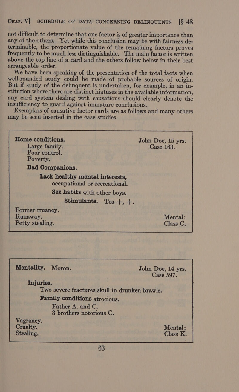 not difficult to determine that one factor is of greater importance than any of the others. Yet while this conclusion may be with fairness de- terminable, the proportionate value of the remaining factors proves frequently to be much less distinguishable. The main factor is written above the top line of a card and the others follow below in their best arrangeable order. | We have been speaking of the presentation of the total facts when well-rounded study could be made of probable sources of origin. But if study of the delinquent is undertaken, for example, in an in- stitution where there are distinct hiatuses in the available information, any card system dealing with causations should clearly denote the insufficiency to guard against immature conclusions. Exemplars of causative factor cards are as follows and many others may be seen inserted in the case studies. Home conditions. John Doe, 15 yrs. Large family. Case 163. Poor control. Poverty. Bad Companions. Lack healthy mental interests, occupational or recreational. Sex habits with other boys. Stimulants. Tea +, Former truancy. Runaway. Petty stealing. Injuries. Two severe fractures skull in drunken brawls. Family conditions atrocious. Father A. and C. 3 brothers notorious C. Vagrancy. Cruelty. Mental: Stealing. Class K.