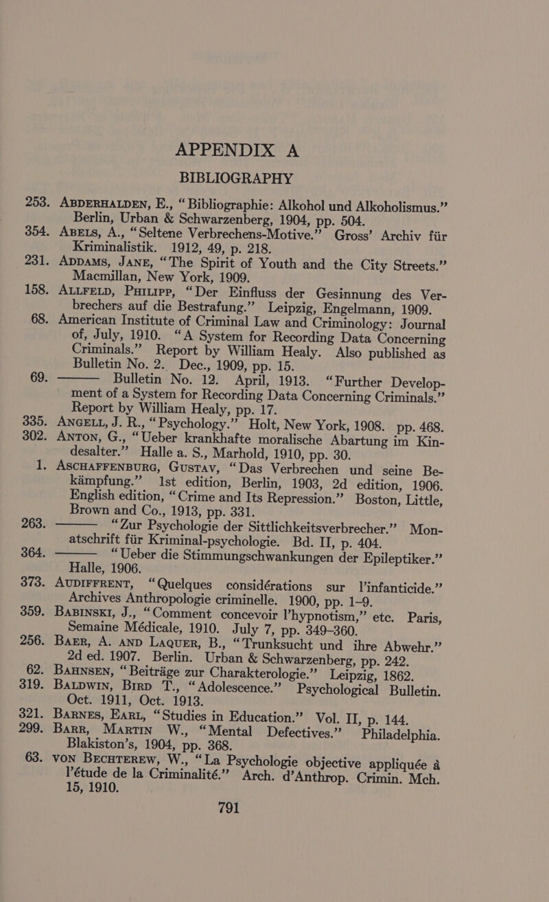 BIBLIOGRAPHY ABDERHALDEN, E., “Bibliographie: Alkohol und Alkoholismus.” Berlin, Urban &amp; Schwarzenberg, 1904, pp. 504. ABELS, A., “Seltene Verbrechens-Motive.” Gross’ Archiv fiir Kriminalistik. 1912, 49, p. 218. AppaMs, JANE, “The Spirit of Youth and the City Streets.” Macmillan, New York, 1909. ALLFELD, Puruipp, “Der Einfluss der Gesinnung des Ver- brechers auf die Bestrafung.”’ Leipzig, Engelmann, 1909. of, July, 1910. “A System for Recording Data Concerning Criminals.” Report by William Healy. Also published as Bulletin No. 2. Dec., 1909, pp. 15. Bulletin No. 12. April, 1913. “Further Develop- ment of a System for Recording Data Concerning Criminals.” Report by William Healy, pp. 17. desalter.” Halle a. S., Marhold, 1910, pp. 30. ASCHAFFENBURG, Gustav, “Das Verbrechen und seine Be- kampfung.” Ist edition, Berlin, 1903, 2d edition, 1906. English edition, “Crime and Its Repression.” Boston, Little, Brown and Co., 1913, pp. 331. “Zur Psychologie der Sittlichkeitsverbrecher.”” Mon- atschrift fiir Kriminal-psychologie. Bd. II, p. 404. “Ueber die Stimmungschwankungen der Epileptiker.” Halle, 1906. Archives Anthropologie criminelle. 1900, pp. 1-9. Semaine Médicale, 1910. July 7, pp. 349-360. 2d ed. 1907. Berlin. Urban &amp; Schwarzenberg, pp. 242. Oct. 1911, Oct. 1913. Blakiston’s, 1904, pp. 368. étude de la Criminalité.”” Arch. d’Anthrop. Crimin. Mch. 15, 1910.