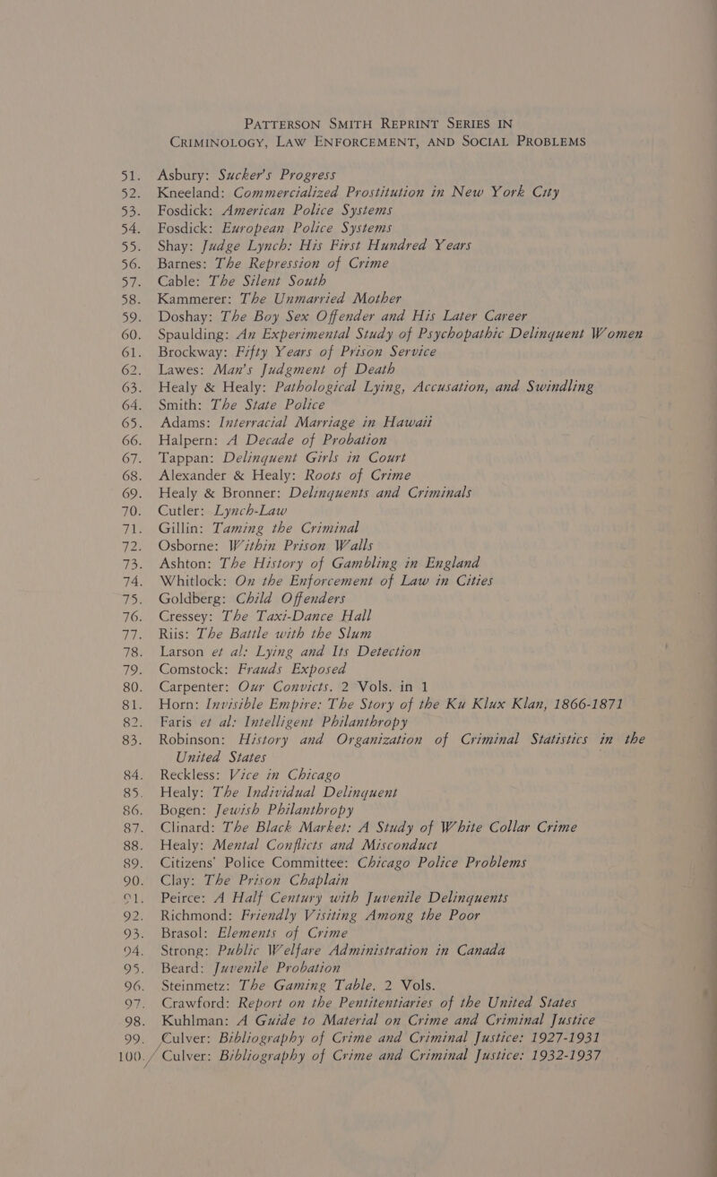 100., Asbury: Sucker’s Progress Kneeland: Commercialized Prostitution in New York City Fosdick: American Police Systems Fosdick: European Police Systems Shay: Judge Lynch: His First Hundred Years Barnes: The Repression of Crime Cable: The Silent South Kammerer: The Unmarried Mother Doshay: The Boy Sex Offender and His Later Career Spaulding: An Experimental Study of Psychopathic Delinquent Women Brockway: Fifty Years of Prison Service Lawes: Man’s Judgment of Death Healy &amp; Healy: Pathological Lying, Accusation, and Swindling Smith: The State Police Adams: Interracial Marriage in Hawaii Halpern: A Decade of Probation Tappan: Delinquent Girls in Court Alexander &amp; Healy: Roots of Crime Healy &amp; Bronner: Delinquents and Criminals Cutler: Lynch-Law Gillin: Taming the Criminal Osborne: Within Prison Walls Ashton: The History of Gambling in England Whitlock: On the Enforcement of Law in Cities Goldberg: Child Offenders Cressey: The Taxi-Dance Hall Riis: The Battle with the Slum Larson e¢ al; Lying and Its Detection Comstock: Frauds Exposed Carpenter: Our Convicts. 2 Vols. in 1 Horn: Invisible Empire: The Story of the Ku Klux Klan, 1866-1871 Faris et al: Intelligent Philanthropy Robinson: History and Organization of Criminal Statistics in the United States Reckless: Vice in Chicago Healy: The Individual Delinquent Bogen: Jewish Philanthropy Clinard: The Black Market: A Study of White Collar Crime Healy: Mental Conflicts and Misconduct Citizens’ Police Committee: Chicago Police Problems Clay: The Prison Chaplain Peirce: A Half Century with Juvenile Delinquents Richmond: Friendly Visiting Among the Poor Brasol: Elements of Crime Strong: Public Welfare Administration in Canada Beard: Juvenile Probation Steinmetz: The Gaming Table, 2 Vols. Crawford: Report on the Pentitentiaries of the United States Kuhlman: A Guide to Material on Crime and Criminal Justice Culver: Bibliography of Crime and Criminal Justice: 1927-1931 / Culver: Bibliography of Crime and Criminal Justice: 1932-1937 —