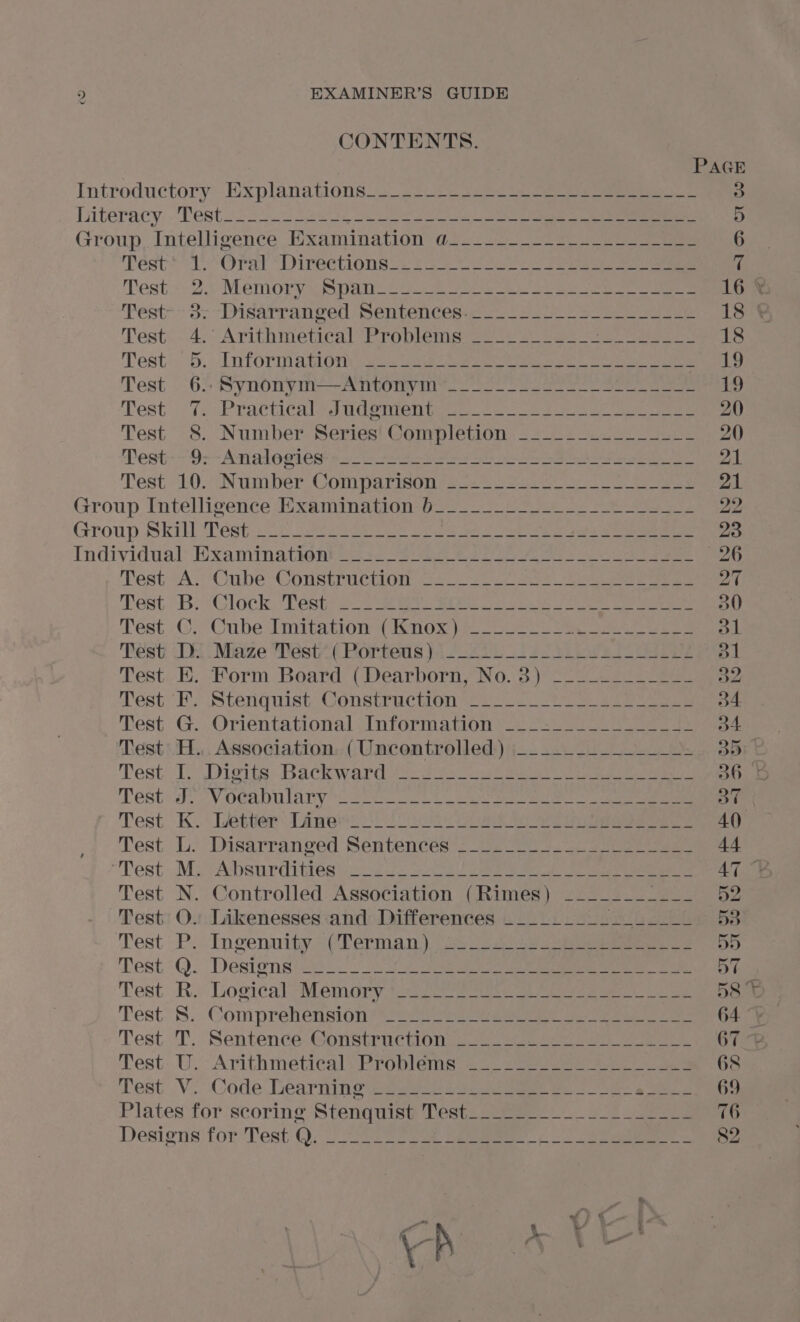 CONTENTS. PAGE Introductory: Explanations. 22-02 ss See ee 3 Literacy. -Test2224 5. Sauer 5 Group. Intelligence Examination 02.2520 2 2 oe 6 Test* 1 Oral Directions). $3) 22S. eee i Test:*: 2.3 Meniory x Spans be ee ee 16 ¥ ‘Pest-- 3: -Disarranged Sentences... _+.2_-&gt;- &gt;= 4-8 18 Test: 4.; Arithmetical Problems: oot: oo sae ees 18 Test: 3. -InTOrmatoi yes eee ee ee Se ee aBY) Test 6) Synonym--Antonyme oo Sess ee ae 19 Test: ‘Ts Prattieal? dadonien te So. eee eee 20 Test 8. Number Series! Completion .&lt;--_+-—..----u 2 20 Test-+9--Aniale gigi ins Ae en She Nie eh a 21 Test 10. Number Gomparis0nts) coast ee a ee 21 Group, fntelligence Mixamimnatlonge] =e ee oe eee 22 Group Skill Vest: 2c Shes eee! a ie ee 23 Individual: Examinations 3) 65 62 7 eee 26 Test *A. Cube: Construction 250027 ee i ae ae 27 Test B; :Glock ‘Test? 22s is See es eee 30 Test CoCube Tmitation4 mex i. oe a eee 31 Test Tk Miaze Test (Porteds ).\- 22. is tle eee Bl Test E. Form Board (Dearborn, No. 3) =--..--__25_ 32 Test FE. \Stenquist: Construction 22. - 2-2 4 ee 34. Test G. Orientational : Information *- 2: i225 a4 Test H. Association. (Uncontrolled) ~__.__________- are Test: Ty) Digits: Backward ota 22. 2s eg ee BOu ag Test» V 0gabulany ia ee oe Se et ea ee ov Test KK. Letter: Limes’) To 0 eon ee ee 40 Test L: Disarranged Sentencés 222025 3220 eee 44 “Test. M./Adsurdities 2: 22-0 s Soe Ta ee LE ad Test N. Controlled Association (Rimes) -_-_-_-___-__ 52 Test O. Likenesses and Differences ________________ 53 Test -P. Ingenuity “CRerman ) (se 2 eee a5) Test °Q. Desgignsize oy oe ae eee 57 Test R. Logical*Mémory togiee = sass eee mee oe 58 Ft Test:'S.. Comprehension Shes eee eee ee 64 “+ Test. ‘T. Sentence:.Gorstruchiongs.. see ee ee 67 -~ Test:.U.: Arithmetical (Problems? =&gt;. Suse eee 68 Test VV. Code Dearniig wiaeec si: eee ee ge 69 Plates for scoring Stenquise lest. sees 2 2 one 76