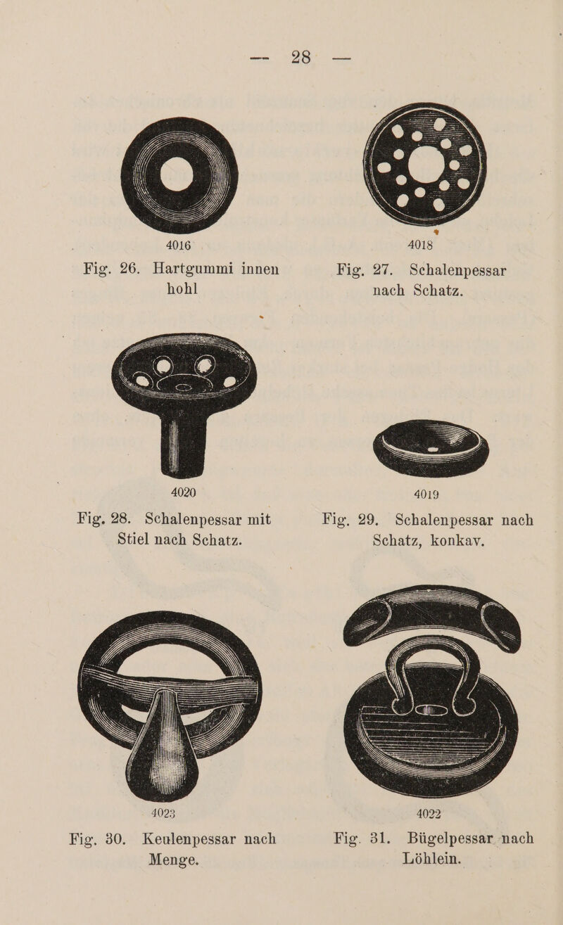 Fig. 26. Hartgummi innen Fig. 27. Schalenpessar hohl nach Schatz. 4019 Fig. 28. Schalenpessar mit Fig. 29. Schalenpessar nach Stiel nach Schatz. Schatz, konkav. Fig. 30. Keulenpessar nach Fig. 31. Bügelpessar nach Menge. Löblein.