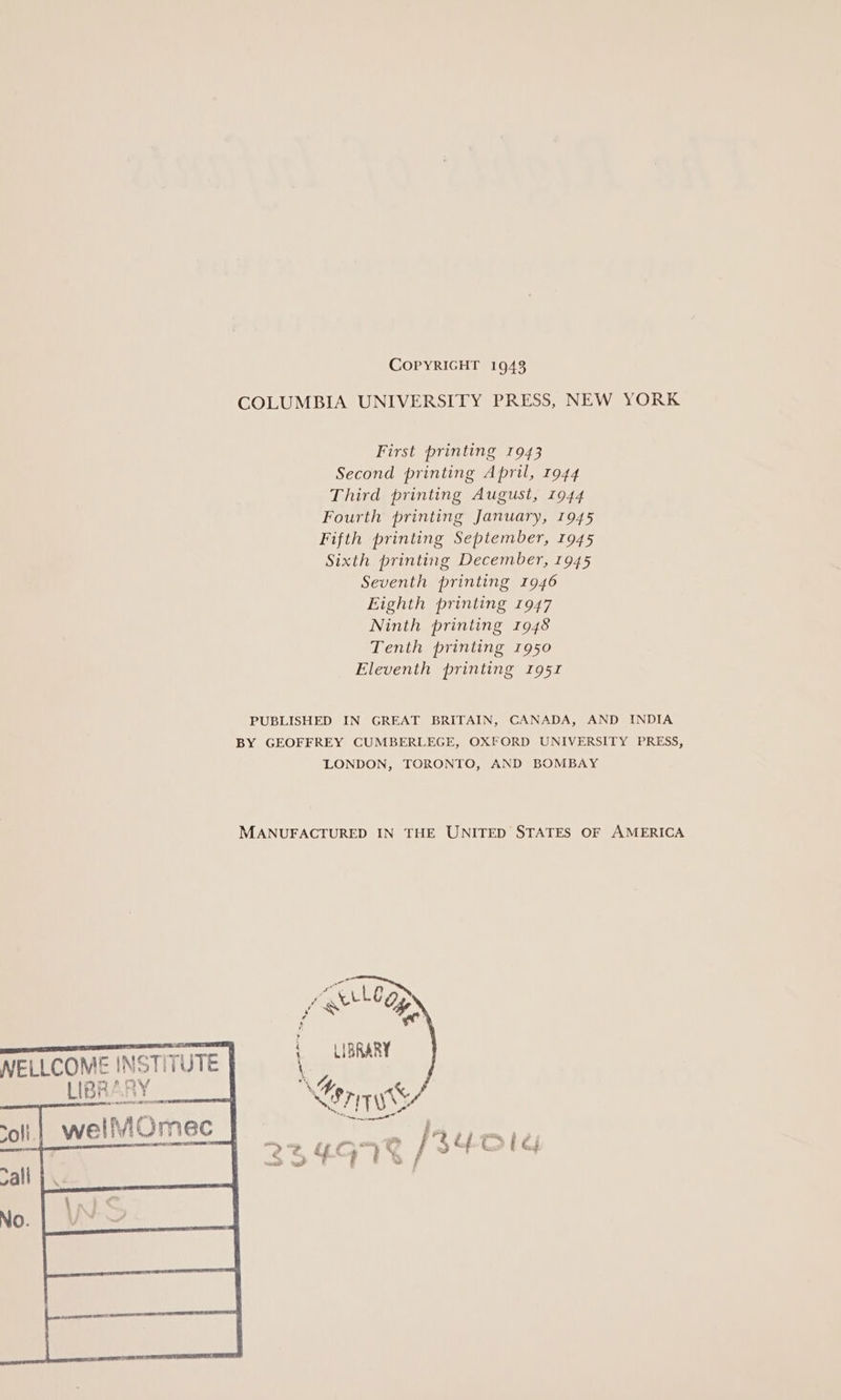 CopyRIGHT 1943 COLUMBIA UNIVERSITY PRESS, NEW YORK First printing 1943 Second printing April, 1944 Third printing August, 1944 Fourth printing January, 1945 Fifth printing September, 1945 Sixth printing December, 1945 Seventh printing 1946 Eighth printing 1947 Ninth printing 1948 Tenth printing 1950 Eleventh printing 1951 PUBLISHED IN GREAT BRITAIN, CANADA, AND INDIA BY GEOFFREY CUMBERLEGE, OXFORD UNIVERSITY PRESS, LONDON, TORONTO, AND BOMBAY MANUFACTURED IN THE UNITED STATES OF AMERICA oO ERO y ON NELLCOME INSTITUTE | \ a wellMi Omec