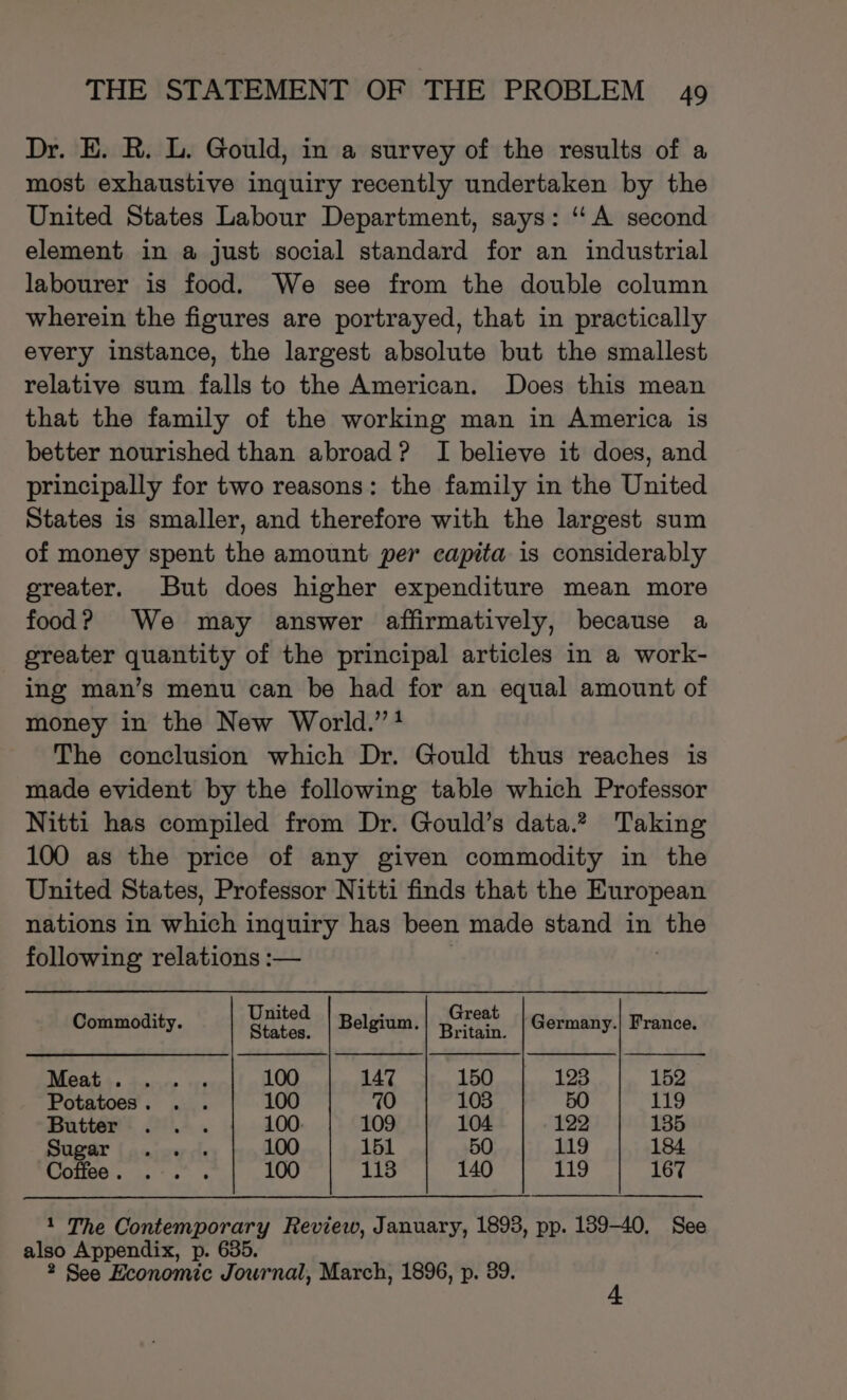 Dr. E. R. L. Gould, in a survey of the results of a most exhaustive inquiry recently undertaken by the United States Labour Department, says: ‘A second element in a just social standard for an industrial labourer is food. We see from the double column wherein the figures are portrayed, that in practically every instance, the largest absolute but the smallest relative sum falls to the American. Does this mean that the family of the working man in America is better nourished than abroad? I believe it does, and principally for two reasons: the family in the United States is smaller, and therefore with the largest sum of money spent the amount per capita is considerably greater. But does higher expenditure mean more food? We may answer affirmatively, because a greater quantity of the principal articles in a work- ing man’s menu can be had for an equal amount of money in the New World.’ The conclusion which Dr. Gould thus reaches is made evident by the following table which Professor Nitti has compiled from Dr. Gould’s data.? Taking 100 as the price of any given commodity in the United States, Professor Nitti finds that the European nations in sain inquiry has been made stand in wii following relations :— United Great Commodity. Nentas’ Belgium. eres Germany.| France. 1 ES a 100 147 150 123 152 Potatoes. . . 100 70 103 0) 119 Butter ... 100. 109 104 122 135 SGQOr [a ;oe rie 100 151 50 119 184 Coffee. .°. . 100 113 140 119 167 1 The Contemporary Review, January, 1893, pp. 189-40. See also Appendix, p. 635. 2 See Economic Journal, March, 1896, p. 39.