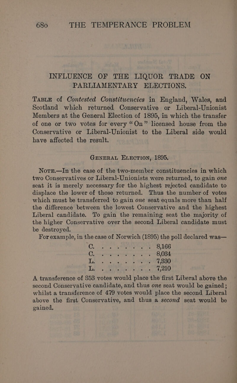 INFLUENCE OF THE LIQUOR TRADE ON PARLIAMENTARY ELECTIONS. TABLE of Contested Constituencies in England, Wales, and Scotland which returned Conservative or Liberal-Unionist Members at the General Election of 1895, in which the transfer of one or two votes for every “On” licensed house from the Conservative or Liberal-Unionist to the Liberal side would have affected the result. GENERAL ELEcTION, 1895, Notg8.—In the case of the two-member constituencies in which two Conservatives or Liberal-Unionists were returned, to gain one seat it is merely necessary for the highest rejected candidate to displace the lower of those returned. Thus the number of votes which must be transferred to gain one seat equals more than half the difference between the lowest Conservative and the highest Liberal candidate. To gain the remaining seat the majority of the higher Conservative over the second Liberal candidate must be destroyed. For example, in the case of Norwich (1895) the poll declared was— C.. 72, SEO 883 166 neem hither ea Dh 6 go ae, ea Ti) &gt;; Oe he?) eae ry A transference of 353 votes would place the first Liberal above the second Conservative candidate, and thus one seat would be gained; whilst a transference of 479 votes would place the second Liberal above the first Conservative, and thus a second seat would be gained,