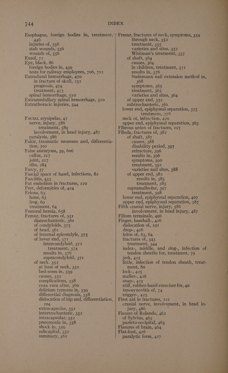 Esophagus, foreign bodies in, treatment, 440 ; stab wounds, 556 tests for railway employees, 706, 711 Extradural hemorrhage, 470 spinal hemorrhage, 510 Extramedullary spinal hemorrhage, 510 Extrathoracic injuries, 544 FACIAL erysipelas, 47 nerve, injury, 586 involvement, in head injury, 487 paralysis, 586 tion, 702 False aneurysm, 39, 606 Farcy, 57 Fascial space of hand, infections, 82 Fasciitis, 433 frog, 69 Femoral hernia, 658 Femur, fractures of, 351 diatrochanteric, 361 of condyloids, 375 of head, 361 of internal epicondyle, 375 of lower end, 371 results in, 376 supracondyloid, 371 of neck, 352 - at base of neck, 352 bed-sores in, 359 causes, 352 complications, 358 coxa vara after, 360 delirium tremens in, 359 dislocation of hip and, differentiation, 204 extracapsular, 352 intertrochanteric, 352 intracapsular, 352 pneumonia in, 358 shock in, 350 subcapital, 352 summary, 361 Femur, fractures of neck, symptoms, 354 through neck, 352 varieties and sites, 352 results in, 376 Steinmann nail extension method in, varieties and sites, 364 of upper end, 352 subtrochanteric, 361 lower end, epiphyseal separation, 375 neck otf, infraction, 429 upper end, epiphyseal separation, 363 Fibula, fractures of, 382 of shaft, 387 disability period, 397 refracture, 396 varieties and sites, 388 of upper end, 382 results in, 385 upper end, epiphyseal separation, 387 involvement, in head injury, 487 Filium terminale, 496 Finger, baseball-, 426 dislocation of, 191 drop-, 426 felon of, 63, 64 fractures of, 343 tendon sheaths for, treatment, 79 jerk, 425 . little, infection of tendon sheath, treat- ment, 80 lock-, 425 mallet-, 426 snap-, 425 stiff, rubber-band exerciser for, 40 tenosynovitis of, 74 First aid in fractures, 221 cranial nerve, involvement, in head in- jury, 486 Fissure of Rolando, 462 of Sylvius, 463 parieto-occipital, 463 Fissures of brain, 464 Flat-foot, 426 paralytic form, 427