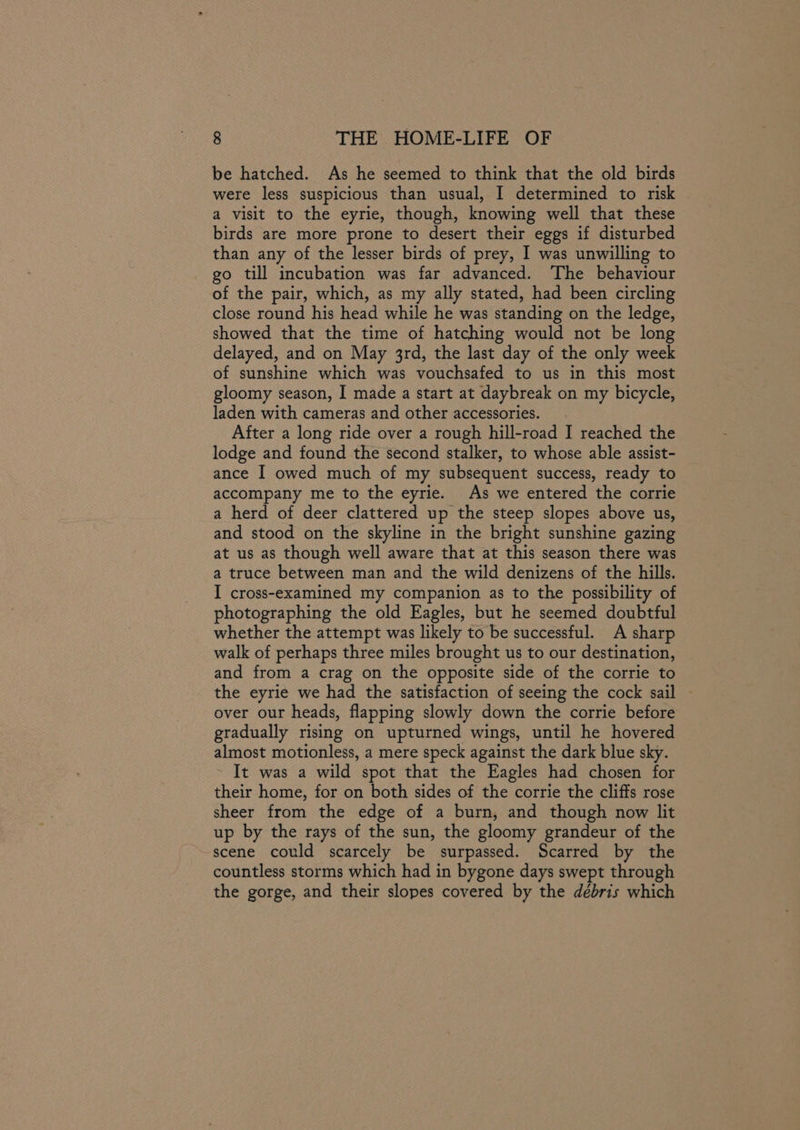 be hatched. As he seemed to think that the old birds were less suspicious than usual, I determined to risk a visit to the eyrie, though, knowing well that these birds are more prone to desert their eggs if disturbed than any of the lesser birds of prey, I was unwilling to go till incubation was far advanced. The behaviour of the pair, which, as my ally stated, had been circling close round his head while he was standing on the ledge, showed that the time of hatching would not be long delayed, and on May 3rd, the last day of the only week of sunshine which was vouchsafed to us in this most gloomy season, I made a start at daybreak on my bicycle, laden with cameras and other accessories. After a long ride over a rough hill-road I reached the lodge and found the second stalker, to whose able assist- ance I owed much of my subsequent success, ready to accompany me to the eyrie. As we entered the corrie a herd of deer clattered up the steep slopes above us, and stood on the skyline in the bright sunshine gazing at us as though well aware that at this season there was a truce between man and the wild denizens of the hills. I cross-examined my companion as to the possibility of photographing the old Eagles, but he seemed doubtful whether the attempt was likely to be successful. A sharp walk of perhaps three miles brought us to our destination, and from a crag on the opposite side of the corrie to the eyrie we had the satisfaction of seeing the cock sail ~ over our heads, flapping slowly down the corrie before gradually rising on upturned wings, until he hovered almost motionless, a mere speck against the dark blue sky. ~ It was a wild spot that the Eagles had chosen for their home, for on both sides of the corrie the cliffs rose sheer from the edge of a burn, and though now lit up by the rays of the sun, the gloomy grandeur of the scene could scarcely be surpassed. Scarred by the countless storms which had in bygone days swept through the gorge, and their slopes covered by the debris which