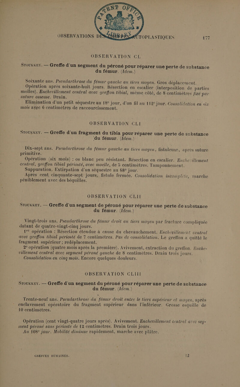 STOUKKEY. — Greffe d'un segment du péroné pour réparer une perte de substance du fémur. (Idem) Soixante ans. Pseudarthrose du fémur gauche au iiers moyen. Gros déplacement. Opération après soixante-huit jours. Résection en escalier (interposition de parties molles). Enchevillement central avec greffon tibial, même côté, de 8 centimètres fixé par suture osseuse. Drain. = Elimination d’un petit séquestre au 18° jour, d’un fil au 112° jour. Consolidation en six mois avec 6 centimètres de raccourcissement. OBSERVATION CLI STOUkKkEY. — Greffe d'un fragment du tibia pour réparer une perte de substance : ‘du fémur. (Idem. Dix-sept ans. Pseudarthrose du fémur gauche au tiers moyen. fistuleuse, après suture primitive. Opération (six mois) : os blanc peu résistant. Résection en escalier. Enchevillement central, greffon tibial périosté, avec moelle, de 5 centimètres. Tamponnement. Suppuration. Éxtirpation d’un séquestre au 68° jour. Après cent cinquante-sept jours, fistule fermée. Consolidation incomplète, marche péniblement avec des béquilles. OBSERVATION CLII Sroukkey. — Greffe d'un segment de péroné pour réparer une perte de substance du fémur. (Idem.) Vingt-trois ans. Pseudarthrose du fémur droit au tiers moyen par fracture compliquée datant de quatre-vingt-cinq jours. 1 opération : Résection étendue à cause du chevauchement. Enchevillement central avec greffon tibial périosté de 7 centimètres. Pas de consolidation. Le greffon a quitté le fragment supérieur ; redéplacement. 2° opération (quatre mois après la première). Avivement, extraction du greffon. Ænche- villement central avec segment péroné gauche de 8 centimètres. Drain trois jours. Consolidation en cinq mois. Encore quelques douleurs. OBSERVATION CLIII SrouxkEey. — Greffe d'un segment du péroné pour réparer une perte de substance du fémur. (Idem.) Trente-neuf ans. Pseudarthrose du fémur droit entre le tiers supérieur ef mo yen, après enclavement opératoire du fragment supérieur dans l’inférieur. Grosse esquille de 10 centimètres. Opération (cent vingt-quatre jours après). Avivement. Enchevillement central avec seg- ment péroné sans périoste de 12 centimètres. Drain trois Jours. Au 108° jour. Mobilité diminue rapidement, marche avec plâtre. Fe 19 GREFFES HUMAINES.