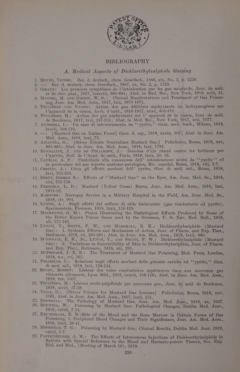 BIBLIOGRAPHY A. Medical Aspects of Dichlorethylsulphide Gassing —: Ber. d. deutsch. chem. Gesellsch., 1887, xx, No. 2, p. 1729. et de chir. prat., 1917, Ixxxviii, 890-894; Abst. in Med. Rec., New ‘York, 1918, xciii, 21. ing, Jour. Am. Med. Assn., 1917, lxix, 1970-1971. : lappareil de la vision, Arch. d’opht., 1916-1917, xxxv, 403-410. de Bordeaux, 1917, lxvi, 247-253; Abst. in Med. Rec., New York, 1917, xcii, 1077. bexviny 1034110. Med. Assn., 1918, Ixxi, 75. 893-895; Abst. in Jour. Am. Med. Assn., 1918, lxxi, 1781. l’ypérite, Bull. de 1’Acad-de méd., Paris, 1918, lxxx, 30, 31. in particulare del suo reperto anatomo-patologica, Riv. ospedal, Roma, 1918, viii, 2-7. Ixvi, 235-243. elvi, 733-736. 1911-12, 1918, elv, 904. Sperimentale, Fierenze, 1918, lxxii, 119-128. the Better Known Poison Gases used by the Germans, U. S. Nav. Med. Bull, 1918, xii, 173-183. ! Gas): 1. Systemic Effects and Mechanism of Action, Jour. of Pharm. and Exp. Ther., Baltimore, 1918, xii, 265-291; Abst. in Jour. Am. Med. Assn., 1919, Ixxii, 680. Gas): 2. Variations in Susceptibility of Skin to Dichlorethylsulphide, Jour. of Pharm. and Exp. Ther., Baltimore, 1918, xii, 291. 1918, n.s., evi, 365. di med. mil., 1918, lxvi, 128-134. vésicants allemands, Lyon Méd., 1918, exxvii, 108-116; Abst. in Jour. Am. Med. Assn., 1918, xx: s1507. 1918, xlviii, 37-39. 1061, Abst. in Jour, Am, Med. Assn., 1917, Ixxii, 151. 1919, exlvii, 7-14. Poisoning, 1. Peripheral Blood Changes and Their Significance, Jour. Am. Med. Assn., 1919, Ixxii, 39-41. exlvii, 1-7. Rabbits with Special Reference to the Blood and Haemato-poietie Tissues, Soc. Exp. Biol. and Med., (Meeting of March LO ko toe