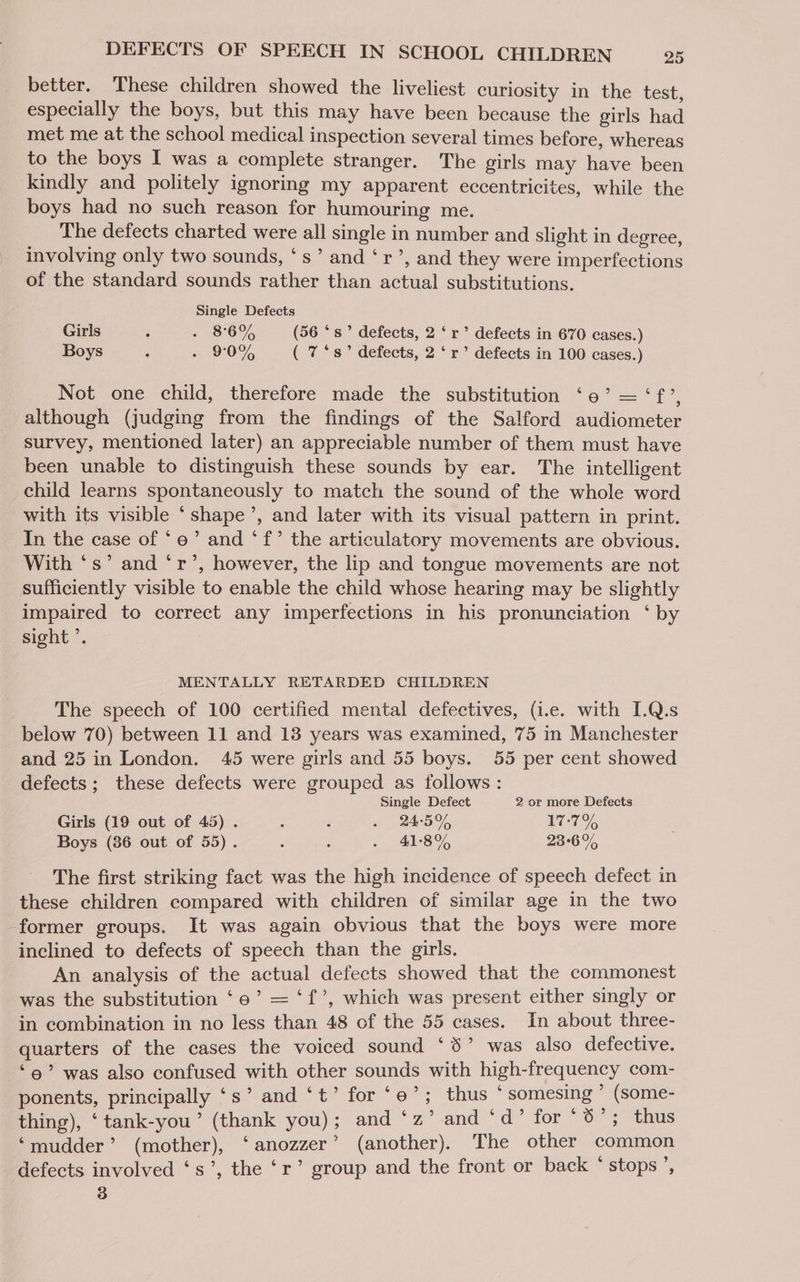 better. These children showed the liveliest curiosity in the test especially the boys, but this may have been because the girls had met me at the school medical inspection several times before, whereas to the boys I was a complete stranger. The girls may have been kindly and politely ignoring my apparent eccentricites, while the boys had no such reason for humouring me. The defects charted were all single in number and slight in degree involving only two sounds, ‘s’ and ‘r’, and they were imperfections of the standard sounds rather than actual substitutions. Single Defects Girls ; - 86% (56 *s” defects, 2 ‘r’ defects in 670 cases.) Boys ; «2 90%, ( 7 *s° defects, 2 ‘r’ defects in 100 cases.) Not one child, therefore made the substitution ‘e’ = ‘f’, although (judging from the findings of the Salford audiometer survey, mentioned later) an appreciable number of them must have been unable to distinguish these sounds by ear. The intelligent child learns spontaneously to match the sound of the whole word with its visible ‘shape’, and later with its visual pattern in print. In the case of ‘e’ and ‘f’ the articulatory movements are obvious. With ‘s’ and ‘r’, however, the lip and tongue movements are not sufficiently visible to enable the child whose hearing may be slightly impaired to correct any imperfections in his pronunciation ‘ by sight ’. MENTALLY RETARDED CHILDREN The speech of 100 certified mental defectives, (i.e. with I.Q.s below 70) between 11 and 13 years was examined, 75 in Manchester and 25 in London. 45 were girls and 55 boys. 55 per cent showed defects; these defects were grouped as follows : Single Defect 2 or more Defects Girls (19 out of 45) . 3 : ~ 245% 17-77% Boys (86 out of 55). . : . 418% 23°6% The first striking fact was the high incidence of speech defect in these children compared with children of similar age in the two former groups. It was again obvious that the boys were more inclined to defects of speech than the girls. An analysis of the actual defects showed that the commonest was the substitution ‘e’ = ‘f’, which was present either singly or in combination in no less than 48 of the 55 cases. In about three- quarters of the cases the voiced sound ‘3’ was also defective. ‘9’ was also confused with other sounds with high-frequency com- ponents, principally ‘s’ and ‘t’ for ‘e’; thus ‘ somesing’ (some- thing), ‘ tank-you’ (thank you); and ‘z’ and ‘d’ for 6°; thus ‘mudder’ (mother), ‘anozzer’ (another). The other common defects involved ‘s’, the ‘r’ group and the front or back * stops’, 3