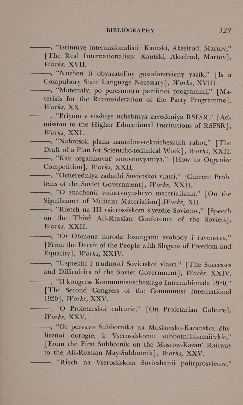 “Istinniye internazionalisti: Kautski, Akselrod, Martov,” [The Real Internationalists: Kautski, Akselrod, Martov], Works, XVII. “Nuzhen li obyazatel’ny gosudarstvieny yazik,” [Is a Compulsory State Language Necessary], Works, XVIII. , “Materialy, po peresmotru partiinoi programmi,” [Ma- terials for the Reconsideration of the Party Programme], Works, XX. » “Priyom v visshiye uchebniya zavedeniya RSFSR,” [Ad- mission to the Higher Educational Institutions of RSFSR], Works, XXI. » ‘Nabrosok plana nautchno-teknicheskikh rabot,’ [The Draft of a Plan for Scientific-technical Work], Works, XXII. » Kak organizovat’ sorevnovyaniya,’ [How to Organize Competition], Works, XXII. , Ocheredniya zadachi Sovietskoi vlasti,” [Current Prob- lems of the Soviet Government], Works, XXII. , “O znachenii voinstvuyushevo materializma,” [On the Significance of Militant Materialism],Works, XII. » “Rietch na III vsierossiskom s’yezdie Sovietov,”’ [Speech on the Third All-Russian Conference of the Soviets ], Works, XXII. -——, “Ot Obmana naroda lozungami svobody i ravenstva,’ [From the Deceit of the People with Slogans of Freedom and Equality], Works, XXIV. “Uspiekhi i trudnosti Sovietskoi vlasti,” [The Successes and Difficulties of the Soviet Government], Works, XXIV. “I kongress Kommunistischeskago Internabionala 1920,” [Ihe Second Congress of the Communist International 1920], Works, XXV. , “O Proletarskoi culturie,” [On Proletarian Culture], Works, XXV. “Ot pervavo Subbotnika na Moskovsko-Kazanskoi Zhe- lieznoi dorogie, k Vserossiskomu subbotniku-maiévkie,” [From the First Subbotnik on the Moscow-Kazan’ Railway to the All-Russian May-Subbotnik], Works, XXV. » “Riech na Vserossiskom Sovieshanii politprosvietov,”