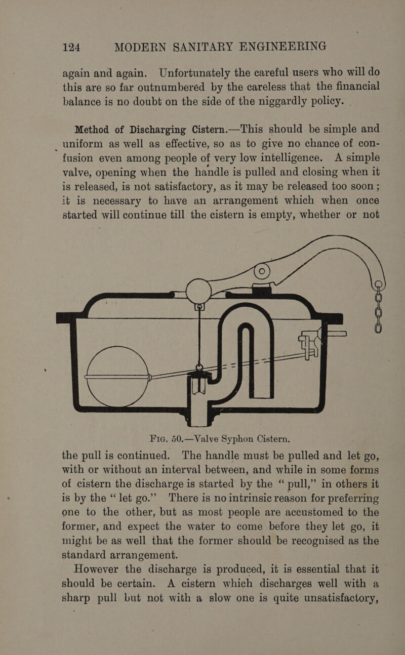 again and again, Unfortunately the careful users who will do this are so far outnumbered by the careless that the financial balance is no doubt on the side of the niggardly policy. | Fic. 50.—Valve Syphon Cistern. the pull is continued. The handle must be pulled and let go, with or without an interval between, and while in some forms of cistern the discharge is started by the ‘ pull,” in others it is by the “let go.’ There is no intrinsic reason for preferring one to the other, but as most people are accustomed to the former, and expect the water to come before they let go, it might be as well that the former should be recognised as the standard arrangement. However the discharge is produced, it is essential that it should be certain. A cistern which discharges well with a sharp pull but not with a slow one is quite unsatisfactory,