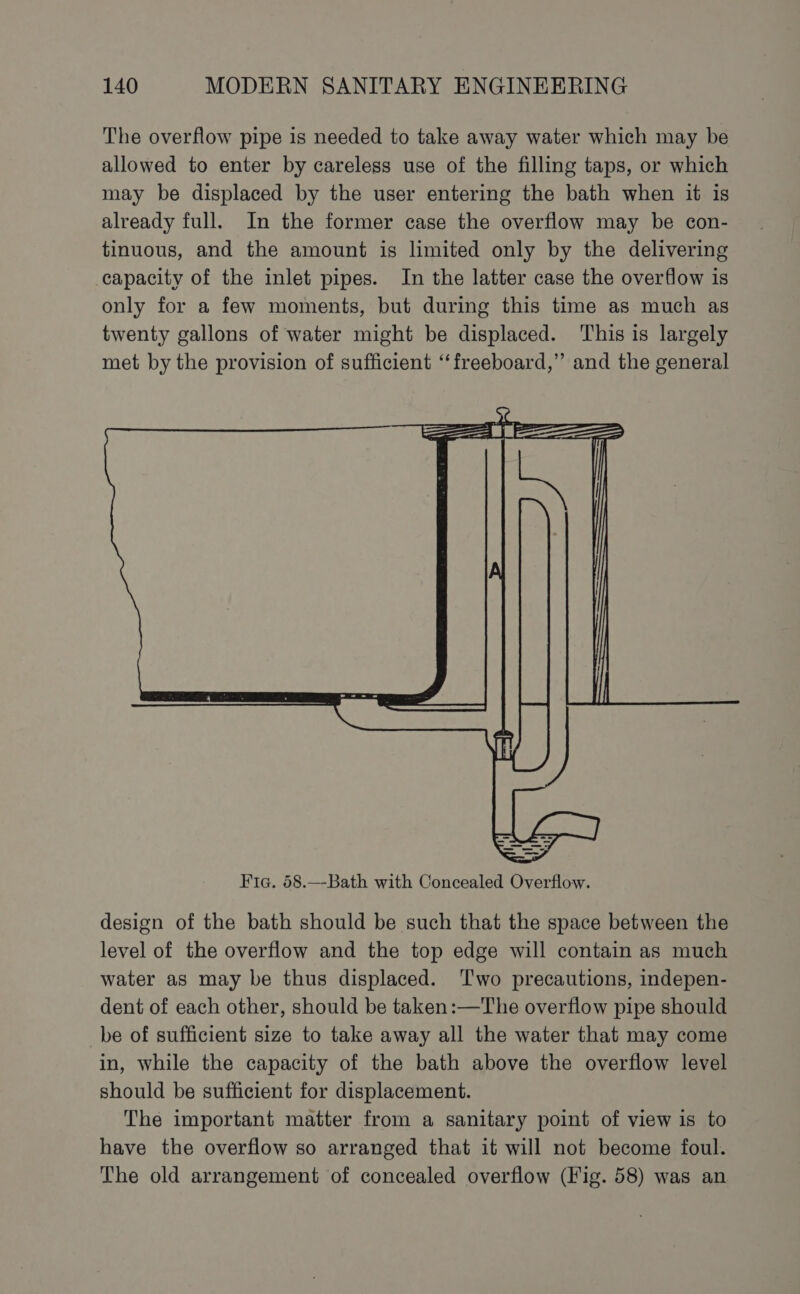 The overflow pipe is needed to take away water which may be allowed to enter by careless use of the filling taps, or which may be displaced by the user entering the bath when it is already full. In the former case the overflow may be con- tinuous, and the amount is limited only by the delivering capacity of the inlet pipes. In the latter case the overflow is only for a few moments, but during this time as much as twenty gallons of water might be displaced. This is largely met by the provision of sufficient “freeboard,” and the general Fic. 58.—Bath with Concealed Overflow. design of the bath should be such that the space between the level of the overflow and the top edge will contain as much water as may be thus displaced. ‘Two precautions, indepen- dent of each other, should be taken:—The overflow pipe should _be of sufficient size to take away all the water that may come in, while the capacity of the bath above the overflow level should be sufficient for displacement. The important matter from a sanitary point of view is to have the overflow so arranged that it will not become foul. The old arrangement of concealed overflow (Fig. 58) was an