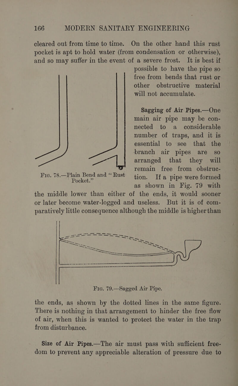 cleared out from time to time. On the other hand this rust pocket is apt to hold water (from condensation or otherwise), and so may suffer in the event of a severe frost. It is best if possible to have the pipe so free from bends that rust or other obstructive material will not accumulate. Sagging of Air Pipes.—One main air pipe may be con- nected to a considerable number of traps, and it is essential to see that the branch air pipes are so as arranged that they will remain free from obstruc- Fic. 78.—Plain Bend and ‘“ Rust Deewer tion. Ifa pipe were formed as shown in Fig. 79 with the middle lower than either of the ends, it would sooner or later become water-logged and useless. But it is of com- paratively little consequence although the middle is higher than the ends, as shown by the dotted lines in the same figure. There is nothing in that arrangement to hinder the free flow of air, when this is wanted to protect the water in the trap from disturbance. Size of Air Pipes——The air must pass with sufficient free- dom to prevent any appreciable alteration of pressure due to