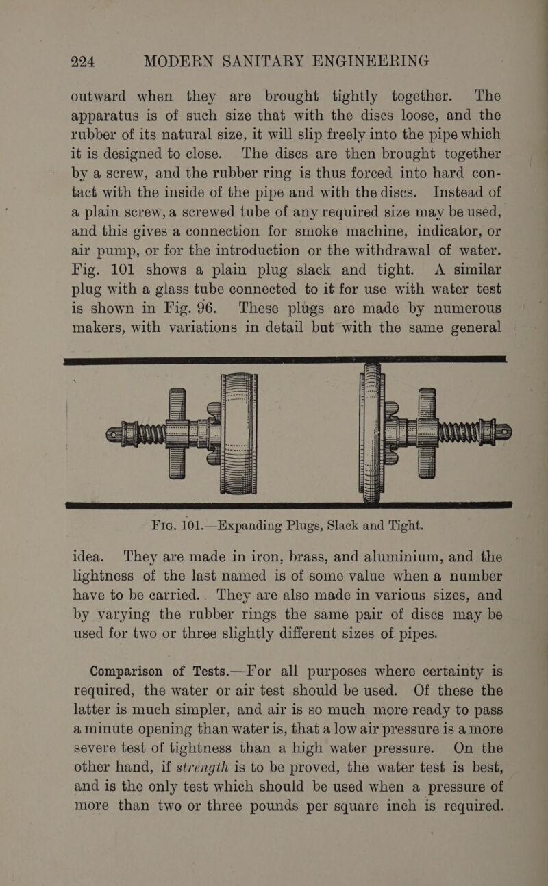 outward when they are brought tightly together. The apparatus is of such size that with the discs loose, and the rubber of its natural size, it will slip freely into the pipe which it is designed to close. The discs are then brought together by a screw, and the rubber ring is thus forced into hard con- tact with the inside of the pipe and with the discs. Instead of a plain screw, a screwed tube of any required size may be used, and this gives a connection for smoke machine, indicator, or air pump, or for the introduction or the withdrawal of water. Fig. 101 shows a plain plug slack and tight. A similar plug with a glass tube connected to it for use with water test is shown in Fig. 96. These plugs are made by numerous makers, with variations in detail but with the same general idea. They are made in iron, brass, and aluminium, and the lightness of the last named is of some value when a number have to be carried.. They are also made in various sizes, and by varying the rubber rings the same pair of discs may be used for two or three slightly different sizes of pipes. Comparison of Tests.—For all purposes where certainty is required, the water or air test should be used. Of these the latter is much simpler, and air is so much more ready to pass a minute opening than water is, that a low air pressure is a more severe test of tightness than a high water pressure. On the other hand, if strength is to be proved, the water test is best, and is the only test which should be used when a pressure of more than two or three pounds per square inch is required.