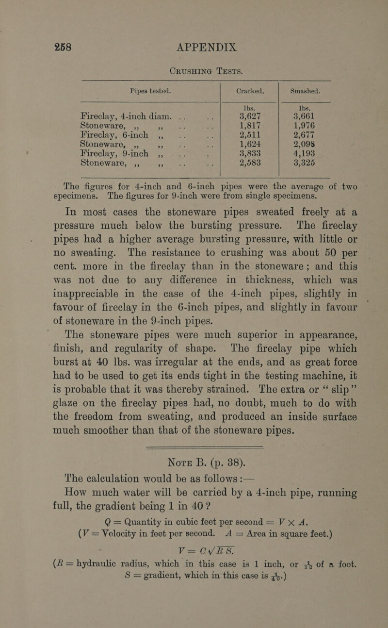 CRUSHING TESTS. Pipes tested. Cracked. Smashed. lbs. lbs. Fireclay, 4-inch diam. .. ae 3,627 3,661 Stoneware, ,, ar oe 30 1,817 1,976 Fireclay, 6-inch _,, si a 2,611 2,677 Stoneware, ,, Seaa® ee 1,624 2,098 Fireclay,9-ich. ,, +... ; 3,833 4,193 Stoneware, ,, ey aie = 2,583 3,325 The figures for 4-inch and 6-inch pipes were the average of two specimens. ‘The figures for 9-inch were from single specimens. In most cases the stoneware pipes sweated freely at a pressure much below the bursting pressure. ‘The fireclay pipes had a higher average bursting pressure, with little or no sweating. The resistance to crushing was about 50 per cent. more in the fireclay than in the stoneware; and this was not due to any difference in thickness, which was inappreciable in the case of the 4-inch pipes, slightly in favour of fireclay in the 6-inch pipes, and slightly in favour of stoneware in the 9-inch pipes. The stoneware pipes were much superior in appearance, finish, and regularity of shape. ‘The fireclay pipe which burst at 40 lbs. was irregular at the ends, and as great force had to be used to get its ends tight in the testing machine, it is probable that it was thereby strained. The extra or “ slip” glaze on the fireclay pipes had, no doubt, much to do with the freedom from sweating, and produced an inside surface much smoother than that of the stoneware pipes. Nore B. (p. 38). The calculation would be as follows :— How much water will be carried by a 4-inch pipe, running full, the gradient being 1 in 40? Q = Quantity in cubic feet per second = V x A. (V = Velocity in feet per second. .A = Area in square feet.) Ve CV RS. Crises Hyaeaea radius, which in this case is 1 inch, or +5 of a foot. S = gradient, which in this case is 7.)