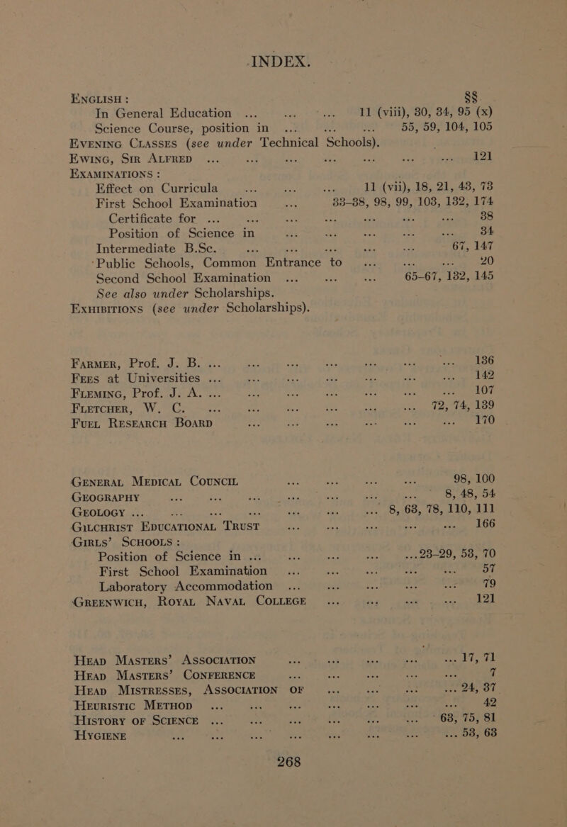 ENGLISH : $$. In General Education ... wes tee VHLD Vil), SO; 347 95 Gx) Science Course, position in... ta 55, 59, 104, 105 EVENING CxLassEs (see under Technical Schools). Ewinc, Sir ALFRED ... my: at ae os we Meee 5 | EXAMINATIONS : Effect on Curricula < ae, af 11 (vii), 18, 21, 43, 73 First School Examination Xe, 33-88, 98, 99, 108, 1382, 174 Certificate for ... : = ae. at : am 38 Position of Science in a BS ae fats agi 34 Intermediate B.Sc. ae 4 pe ot 67, 147 ‘Public Schools, Common fontcante mG re 20 Second School Examination ... ae Sot 65- 67, “132, 145 See also under Scholarships. Exuisirions (see under Scholarships). Farmer, Prof. J. B. ... as oe a ar ee Sin ees Frees at Universities ... if o. Me + ee is ie ae Fiemine, Prof. J. A. ... Sn ee on a ~ 107 FietcHer, W. C. hs fe ep ee oo oe 72, 1A, 139 Furet RESEARCH BoarpD oy ae ne ns te 5 a GENERAL MeEpicaL COUNCIL ae Ae Pe vats 98, 100 GEOGRAPHY ae ia So Shs ye ze wa 8 48,5 54 GEOLOGY ... ‘ PS ime vis Bp (0S, 15, 24051112 GiLCHRIST oh Sp Corea nee a set Ric ioe OO GIRLS’ SCHOOLS : Position of Science in ... re ae a ... 25-29, 58, 70 First School Examination... oe. 5 a sa 57 Laboratory Accommodation ... was if we — 79 GREENWICH, RoyaAL NAvAL COLLEGE _... me alt a eal Heap Masters’ ASSOCIATION - son oe a: mS i Pea | Heap Masters’ CONFERENCE a Pee ee ats a: 7 Heap Mistresses, ASSOCIATION OF _... aes a. eet. Heuristic METHOD ... ye ae ee he A aa 42 ‘History OF SCIENCE ... ae oe AG, a. Meese orp Rit gee | “HYGIENE it oe be et vine as Bee a, oon Ge