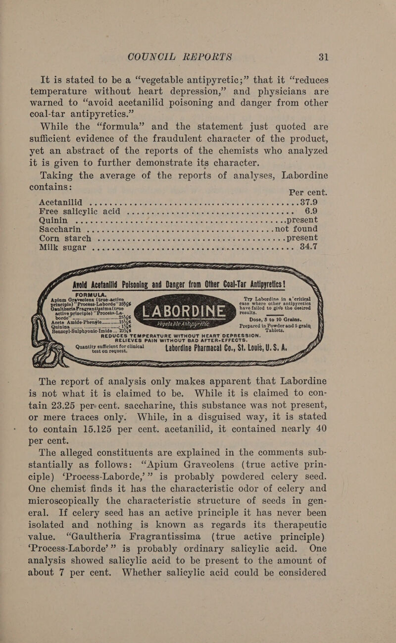 It is stated to be a “vegetable antipyretic;” that it “reduces temperature without heart depression,’ and physicians are warned to “avoid acetanilid poisoning and danger from other coal-tar antipyretics.” While the “formula” and the statement just quoted are sufficient evidence of the fraudulent character of the product, yet an abstract of the reports of the chemists who analyzed it is given to further demonstrate its character. Taking the average of the reports of analyses, Labordine contains: Per cent. ACOEAIITIGIMO TS s. ctars. cle che etote: « Pee ON cere au ns oroie eos Toren eta eres LOD Free salicylic acid ............ the hat sa cect eae taleye ce G20 DVDR epee bs sei st ono she oas o/s) eons sv euev whos SlCTERA w lagiegteh «| Shouaiiesens “ances . . present NA CCHATING: + co. cei eo tarter el eat « SS eo A ae there: ahaha os . not found COrMMStAT Climesevereparetiie © sf skeley cee) Seton, che Sia ekede lena etary eis .....-present INSTT SUR fc tefae be, st crate Sie: ook, ai sie a Satlgel or a des. «leah oie, ated Leo eed:           Avold Acetanilid apldmn Gratocteen torieacis pium Graveolens (true-active rinciple)  Procéss- Laborde’’3534% Gaalthretia Fragraneigsimna trae active privciple) © rocess-La- BS es sce eecactorag ssvsceavtattece tae Acete Amide-Phenyle. roe QuiniNg «0.00. -.-eesseroer veneer eeeeed 1%% Benzoyl-Sulpbyonic-Imide ... 234% ; : REDUCES TEMPERATURE WITHOUT HEART DEPRESSION. RELIEVES PAIN WITHOUT BAD AFTER-EFFECTS. Gort Pennant) Labordine Pharmacal Co., St. Louis, U.S. A. Try Labordine in a' critical ease where other antipyretics have failed to give the desired @ results, Dose,'5 to 10 Grains. Prepared in Powder and 5 grain, Tablets,                y} =   begeta ble Anhpyrétic.   SSO) >   SA The report of analysis only makes apparent that Labordine is not what it is claimed to be. While it is claimed to con- tain 23.25 perscent. saccharine, this substance was not present, or mere traces only. While, in a disguised way, it is stated to contain 15.125 per cent. acetanilid, it contained nearly 40 per cent. The alleged constituents are explained in the comments sub- stantially as follows: “Apium Graveolens (true active prin- ciple) ‘Process-Laborde,’” is probably powdered celery seed. One chemist finds it has the characteristic odor of celery and microscopically the characteristic structure of seeds in gen- eral. If celery seed has an active principle it has never been isolated and nothing is known as regards its therapeutic value. “Gaultheria Fragrantissima (true active principle) ‘Process-Laborde’” is probably ordinary salicylic acid. One analysis showed salicylic acid to be present to the amount of about 7 per cent. Whether salicylic acid could be considered