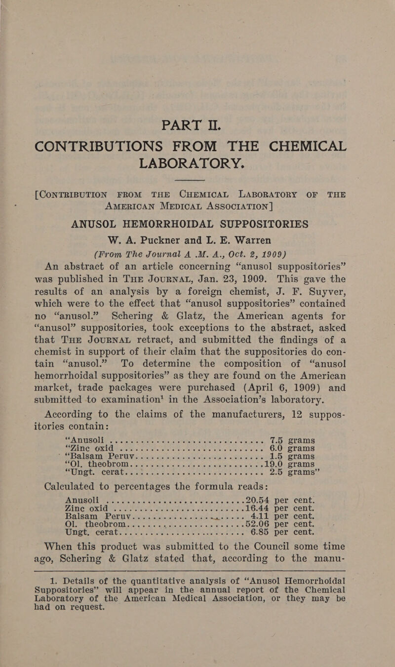 PART II. CONTRIBUTIONS FROM THE CHEMICAL LABORATORY.  [CONTRIBUTION FROM THE CHEMICAL LABORATORY OF THE AMERICAN MEDICAL ASSOCIATION | ANUSOL HEMORRHOIDAL SUPPOSITORIES W. A. Puckner and L. E. Warren (From The Journal A .M. A., Oct. 2, 1909) An abstract of an article concerning “anusol suppositories” was published in THE JouRNAL, Jan. 23, 1909. This gave the results of an analysis by a foreign chemist, J. F. Suyver, which were to the effect that “anusol suppositories” contained no “anusol.” Schering &amp; Glatz, the American agents for “anusol” suppositories, took exceptions to the abstract, asked that THe JoURNAL retract, and submitted the findings of a chemist in support of their claim that the suppositories do con- tain “anusol.” To determine the composition of “anusol hemorrhoidal suppositories” as they are found on the American market, trade packages were purchased (April 6, 1909) and submitted to examination’ in the Association’s laboratory. According to the claims of the manufacturers, 12 suppos- itories contain: i eA TEEISOM Tari cte tenth eters cot epee creer: inickece: a ieks. tebe, al sire 7.5 grams PALIN WORE DW aete sane tects Shes ten sa tere tae lke ele elas 6.0 grams Bee MISA Iie ROTUNS cee as cu sicnsqede dAlcteas RS SS 1.5 grams SORE a EAL ORIOOIAL ta activ bas Wiis, cities Vie vane “Ste gw eke nt 19.0 grams WMAP EE OME Sc che gases suc tiy vhs ce Seek se os 2.5 grams” Calculated to percentages the formula reads: PLTATIS OFLA Tie ac os.8 etc, TIS ko Scho es oak ns 20.54 per cent. PAR CHORIO SE clack cranes, SAU Meh a oe etree oes 16.44 per cent. Balsaniee Ora iis sctewts a caries ae Be deta 4.11 per cent. Oiler THeObrOu ty. cas) &lt;s a, Gu era Sr ae 52.06 per cent. MENSEN COTALS too oe ee Bee ae eee 6.85 per cent. When this product was submitted to the Council some time ago, Schering &amp; Glatz stated that, according to the manu- 1. Details of the quantitative analysis of ‘‘Anusol Hemorrhoidal ~ Suppositories” will appear in the annual report of the Chemical Laboratory of the American Medical Association, or they may be had on request.