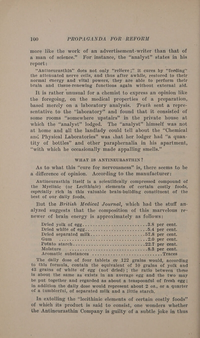 more like the work of an advertisement-writer than that of a man of science.” For instance, the “analyst” states in his report: ; ‘‘Antineurasthin” does not only “relieve; it cures by ‘‘feeding”’ the attenuated nerve cells, and thus after awhile, restored to their normal energy and yital powers, they are able to perform their brain and tissue-renewing functions again without external aid. It is rather unusual for a chemist to express an opinion like the foregoing, on the medical properties of a preparation, based merely on a laboratory analysis. Truth sent a repre- sentative to the “laboratory” and found that it consisted of some rooms “somewhere upstairs” in the private house at which the “analyst” lodged. The “analyst” himself was not at home and all the landlady could tell about the “Chemical and Physical Laboratories” was chat her lodger had “a quan- tity of bottles’ and other paraphernalia in his apartment, “with which he occasionally made appalling smells.” WHAT IS ANTINEURASTHIN ? As to what this “cure for nervousness” is, there seems to be a difference of opinion. According to the manufacturer: Antineurasthin itself is a scientifically compressed compound of the Myeliniec (or Lecithinic) elements of certain costly foods, especially rich in this valuable brain-building constituent of the best of our daily foods. But the British Medical Journal, which had the stuff an- alyzed suggests that the composition of this marvelous re- newer of brain energy is approximately as follows: Dried: yolk, o£. G22, «5 Ui tel ame ab otale stain tate 3.8 per cent. Dried -whité,oLs€eo ae ae sess ee ee ieee 5.4 per cent. Dried separated, milk osm.) cc 5 ates oe es 57.8 per cent. GOS ss eens Sik se Se eel er ee, Seon ee eee 2.0 per cent. Potato; starch. aes. dnd. 28) 4a 22.7 per cent. Molsture.dip Hincm «cae ie i, 8.3 per cent. Aromatic GoUStances . w. saximesusis Nin octane Traces The daily dose of four tablets or 122 grains would, according to this formula, contain the equivalent of 10 grains of yolk and 43 grains of white of egg (not dried); the ratio between these is about the same as exists in an average egg and the two may be put together and regarded as about a teaspoonful of fresh egg; in addition the daily dose would represent about 2 oz., or a quarter of a tumblerful, of separated milk and a little starch. In extolling the “lecithinic elements of certain costly foods” of which its product is said to consist, one wonders whether the Antineurasthin Company is guilty of a subtle joke in thus