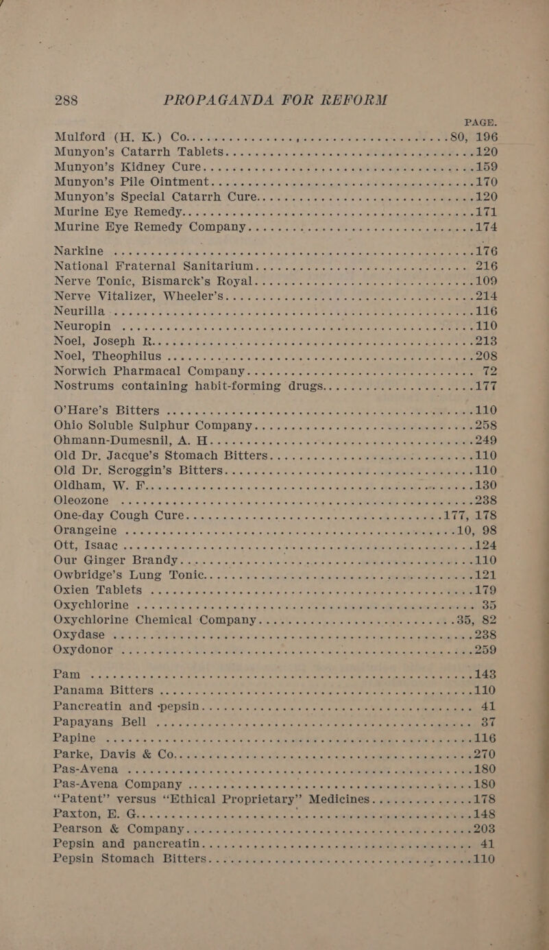  PAGE Multords (HLS BY | CG0F aie scbirets wae ss gscherdienokoriynns Vs so roe cee teas 80, 196 Munyon's, Gatarrh ,Tablets:.5...\..cccwerss is aveielsilecrts. arene Ohguee Welle tare ames 120 Miunyon's Kidney ‘Cures i... ivs st = arn aiete lee are oh eerste ace ale laa 159 Munyon's Piles Ointmiven tier wipe neyerencls \osodaieponaieunl thiet ovtne 6 ledekem nena 170 Munyon's: Special - Ga tarrh YCures.), tewicusrstole vols oe ole eualelte aan. te eee 120 Murine “Hey e Rime d ¥iic-isnc te 1 cers ve totais sa mace pete mets lo ctice colle 6 Sejepeas see eRe bit Murine-Bye Remedy, Companys, i). 10-54).0s io ele one sie slated ie eee 174 Narkin eu. Silas! fab Ne PA AEN SRC Re SR 176 National, Hraternal eS anivariiimer. cc .carchel ee + aise eh eines aleiccane iment eee 216 Nerve Shonice BismarckigoRoy alin. . sie sree: rie cle eae iets aie tts meme meee 109 Nerve +,Vitalizer, «Wheelers: 244 542 ote ches os eee raen se cee eee 214 Neurilla® 3. s2x0s SoS SANG ties ote ea eee a ee LO ee er oe ee 116 SUAS 1b a oy O58 A eee een RAS ete ke eis Meee tcte a itn 5 cos Aix Seatac stra eetiny oc 29 110 NOC A AOSEDIOM Rims fareaae eases RR aide 2 pte ee eee ee a eee 213 NOG] “THEOPHILUS * Ahir. &lt;0 \ir ketene slot late retetete Cleetote eee Rae eere etre eee 208 Norwich Pharmacal) Compayccn. cc. 1 chat cere eno arer renee ie aoe meee Ae Wostrums\.containing. habit-forming “drugs.. 2 sci vee. esas seen a Wore OP? Haere’s “Bitters”: oss ae} ecaeies, cate alta tse lenceeters/ mete ee mee ee an tiene 110 Ohio’ Soluble Sulphur; Company. !, scycee ss a pheet oa! ee ene re 258 Ohbmann-Dumesnils “AcvEL \.saleteie ae talete tase ew teksts eieha ta aie ent hehe nae 249 Old Dr. Jacque’s Stomach Bitters. ...........s% sa. “titi cpatall «ils 110 Old Drs Scroggin’s: Bitters, o.oo socks als eke Se Re ee ea ee 110 CDT ATW. be Hig, Jeli sesraniev aheeh epioicaiseh bao) aueve Secunia tana te Setaie eis: ema ots eel loth ai 130 OIOOZOMESS -o 4.0425 oie gcosaudes' 845. &amp;&amp;: oes 4a tee nlp aa) otk NST ta» ieee en ae 238 One-day COUsN OULG on 7a cha.cpese eye on SUS o's al age ced oenely aeetatenens 17 Aas TAM ZOING —&lt;- o'srareisgel ops, ele o/h sionen acs leas asoueneves Sse. fexSus pay ise 10, 98 OEE TSI AE too Se ois re, mielede.oc3; opaicesei eMae, or, guts Ww Reuse ve fence Re ee ee ae 124 Our Ginger Brandy..............« LA ere Se TT LS 110 Oeruridge’s Lune’ Ponte... 4s cette eek sive? al’ Aas 121 Orion TA DLCES Nos si Pose sie reo wae stoke ot ane tells 1s ac tae ene ane 179 OXY CDIOPING 5 Soe Pate can ccab els o DN) i eh ie are a hee gi ee ee ee 3D OxyehiorineévChemical Company. &lt;8). atk tease alan ater ae ee 35, 82 OXY CABO RE: UI Be Be a stots; 6 so 5) Bile! eto ep keris Poth ng Step a oe en ane 238 ORY. CONOTH SS FC ,. Shee «Pete ete a sna oe elernaahe TT Ee ee ee 259 PPI Vere Siz. ease’ ei wieumt oislthe.allo we saviar evar sie let once atie¥e ts reme ereraneaacicee attire teas 1438 Pattama VBICCGRS i. os. &lt;awetesvisrsbee-smaat ap ct smetaratabetetn tet raah OG iat tins Cane 110 AD GRATIN ANGUs Pe DSi. &amp; - aise cies ese vente Pe ee eee ee 41 Papsyans piel] oo sictscsetcctae son's sce son canal o) dieon Seek kana een acl 37 Pa pinmesia can ous «th ales dns, Ga tise eles ea aes oa tas WR ae ae aan 116 Parké,sDaviside CO aici, oe «, ap tecihuneciescec esis, ss) SMEs, ae Bee 270 Pas-AWen atin. sess « oialeecc Gales ecelel m a wayel aaj aiel &lt;a, age Pan a Cae 180 Pas-Ayepa Company, oa o:.'. «cue nnieh wuacscu isi a) ace cemacedoabell ee “Patent” versus ‘Ethical Proprietary’ Medicines.............. 178 Paxton dG Ss. ree eek “Ln, 6, ghee eee imate ene 148 Pearson, € | COMMA yee o ceeh c a knee ates eee oY ea ee 203 Pepsin: and spancreatin...\.. ims» vsiet.s scare aie 5 Bek uence eee 41 Pepsin ‘Stomach; Bitters. i stdawe. ses shettynd ec ono ogsteea eee 110 