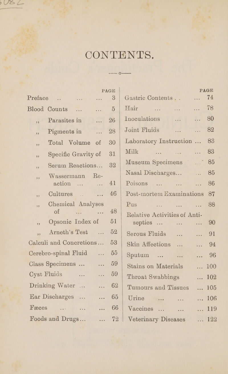 PAGE Preface 3 Blood Counts 5 ,, Parasites in 26 , Pigments in 28 , otal Volume of 30 » Specific Gravity of 31 , serum Reactions... 32 ,, Wassermann Re- action 4} ,, Cultures wa 20 , Chemical Analyses of 48 ,, Opsonic Index of 51 ,, Arneth’s Test O2 Calculi and Coneretions... 958 Cerebro-spinal Fluid 58 Class Specimens ... 59 Cyst Fluids 59 Drinking Water ... 62 Kar Discharges 65 Feces 66 Foods and Drugs... 72 PAGE Gastric Contents. . T4 Hair 18 Jnoculations 80 Joint Fluids 82 Laboratory Instruction ... 83 Milk 83 Museum Specimens * 85 Nasal Discharges... 85 Poisons 86 Post-mortem Examinations 87 Pus 88 Relative Activities of Anti- septics ... 90 Serous Fluids oi Skin Affections 94 Sputum 96 Stains on Materials wn dOe Throat Swabbings . 102 Tumours and Tissues’... 105 Urine . 106 Vaccines . 119 Veterinary Diseases . 122