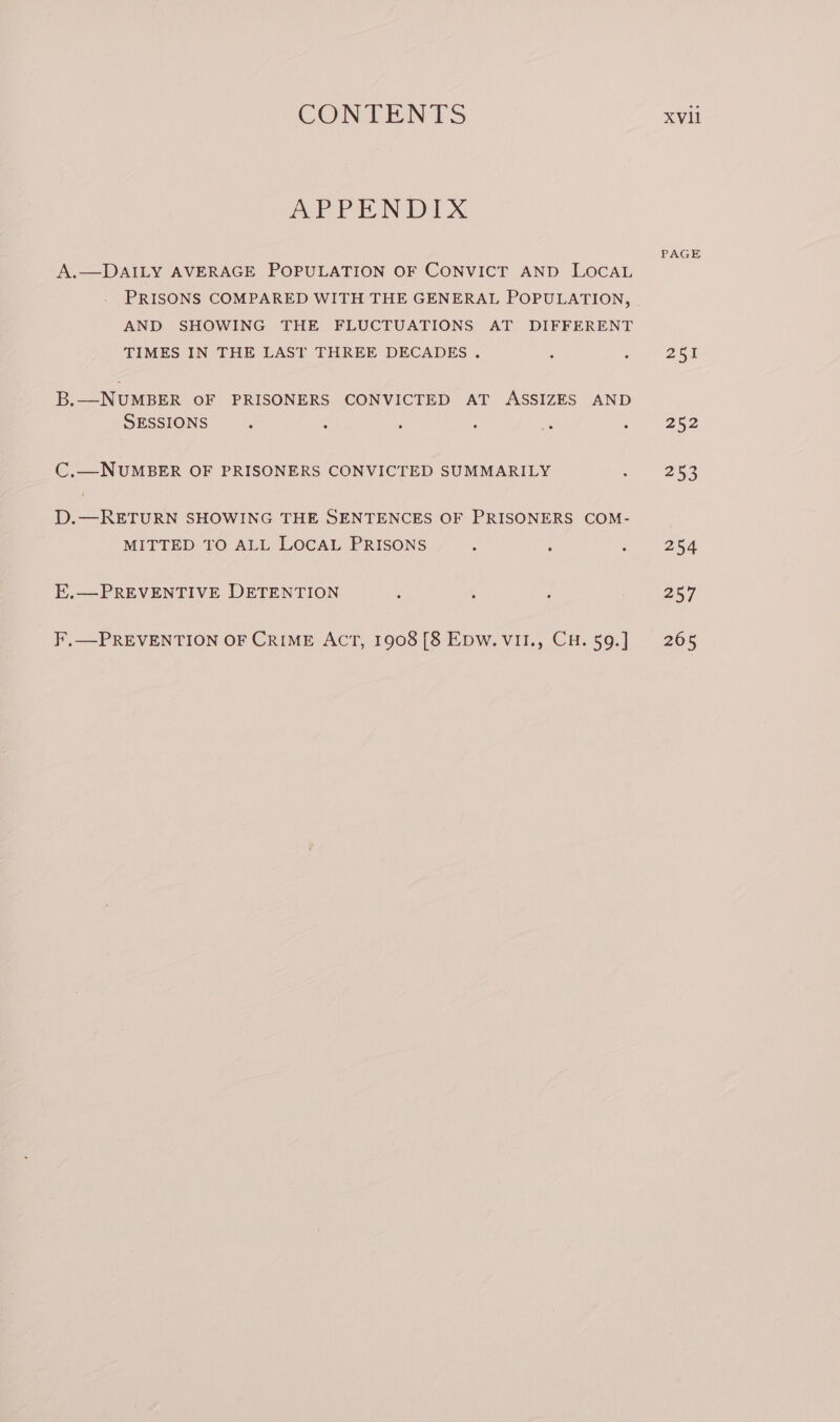 APPENDIX A.—DAILY AVERAGE POPULATION OF CONVICT AND LOCAL AND SHOWING THE FLUCTUATIONS AT DIFFERENT TIMES IN THE LAST THREE DECADES . : : B.—NUMBER OF PRISONERS CONVICTED AT ASSIZES AND SESSIONS : : . ; : : C.—NUMBER OF PRISONERS CONVICTED SUMMARILY D.—RETURN SHOWING THE SENTENCES OF PRISONERS COM- MITTED TO ALL LOCAL PRISONS : ; F E.—PREVENTIVE DETENTION ‘ é ; F,—PREVENTION OF CRIME ACT, 1908 [8 EDwW. VII., CH. 59.] PAGE en 252 253 254 257 265