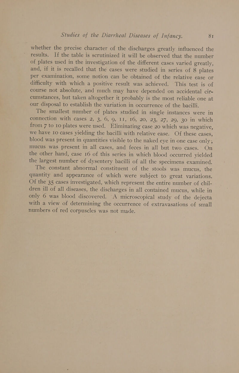 whether the precise character of the discharges greatly influenced the results. If the table is scrutinized it will be observed that the number of plates used in the investigation of the different cases varied greatly, and, if it is recalled that the cases were studied in series of 8 plates per examination, some notion can be obtained of the relative ease or difficulty with which a positive result was achieved. This test is of course not absolute, and much may have depended on accidental cir- cumstances, but taken altogether it probably is the most reliable one at our disposal to establish the variation in occurrence of the bacilli. The smallest number of plates studied in single instances were in connection with cases 2, 3, 6, 9, II, 16, 20, 23, 27, 29, 30 in which from 7 to 10 plates were used. Eliminating case 20 which was negative, we have 10 cases yielding the bacilli with relative ease. Of these cases, blood was present in quantities visible to the naked eye in one case only ; mucus was present in all cases, and feces in all but two cases. On the other hand, case 16 of this series in which blood occurred yielded the largest number of dysentery bacilli of all the specimens examined. The constant abnormal constituent of the stools was mucus, the quantity and appearance of which were subject to great variations. Of the 35 cases investigated, which represent the entire number of chil- dren ill of all diseases, the discharges in all contained mucus, while in only 6 was blood discovered. A microscopical study of the dejecta with a view of determining the occurrence of extravasations of small numbers of red corpuscles was not made.