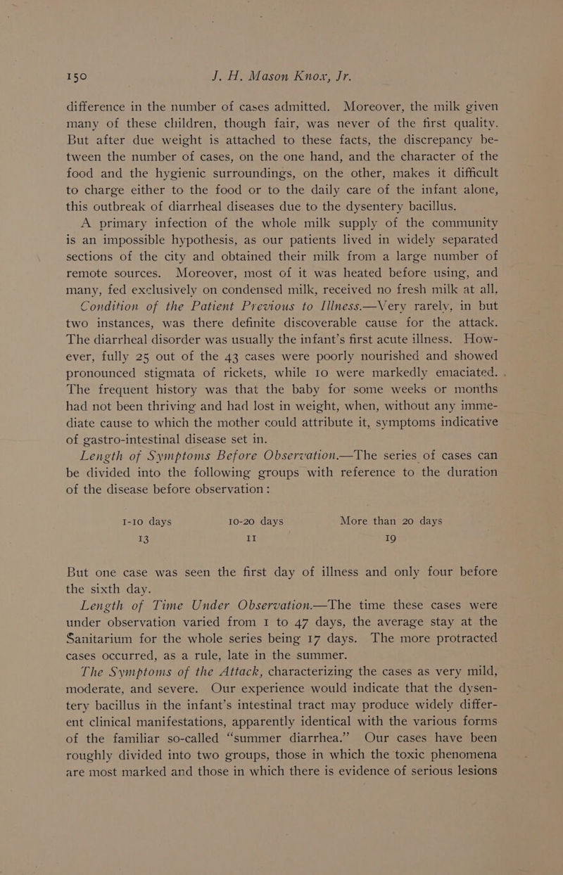 difference in the number of cases admitted. Moreover, the milk given many of these children, though fair, was never of the first quality. But after due weight is attached to these facts, the discrepancy he- tween the number of cases, on the one hand, and the character of the food and the hygienic surroundings, on the other, makes it difficult to charge either to the food or to the daily care of the infant alone, this outbreak of diarrheal diseases due to the dysentery bacillus. A primary infection of the whole milk supply of the community is an impossible hypothesis, as our patients lived in widely separated sections of the city and obtained their milk from a large number of remote sources. Moreover, most of it was heated before using, and many, fed exclusively on condensed milk, received no fresh milk at all, Condition of the Patient Previous to Illness.—Very rarely, in but two instances, was there definite discoverable cause for the attack. The diarrheal disorder was usually the infant’s first acute illness. How- ever, fully 25 out of the 43 cases were poorly nourished and showed pronounced stigmata of rickets, while 10 were markedly emaciated. . The frequent history was that the baby for some weeks or months had not been thriving and had lost in weight, when, without any imme- diate cause to which the mother could attribute it, symptoms indicative of gastro-intestinal disease set in. Length of Symptoms Before Observation —tThe series of cases can be divided into the following groups with reference to the duration of the disease before observation : I-10 days 10-20 days More than 20 days 1% II | 19 But one case was seen the first day of illness and only four before the sixth day. Length of Time Under Observation.—The time these cases were under observation varied from 1 to 47 days, the average stay at the Sanitarium for the whole series being 17 days. The more protracted cases occurred, as a rule, late in the summer. The Symptoms of the Attack, characterizing the cases as very mild, moderate, and severe. Our experience would indicate that the dysen- tery bacillus in the infant’s intestinal tract may produce widely differ- ent clinical manifestations, apparently identical with the various forms of the familiar so-called “summer diarrhea.” Our cases have been roughly divided into two groups, those in which the toxic phenomena are most marked and those in which there is evidence of serious lesions